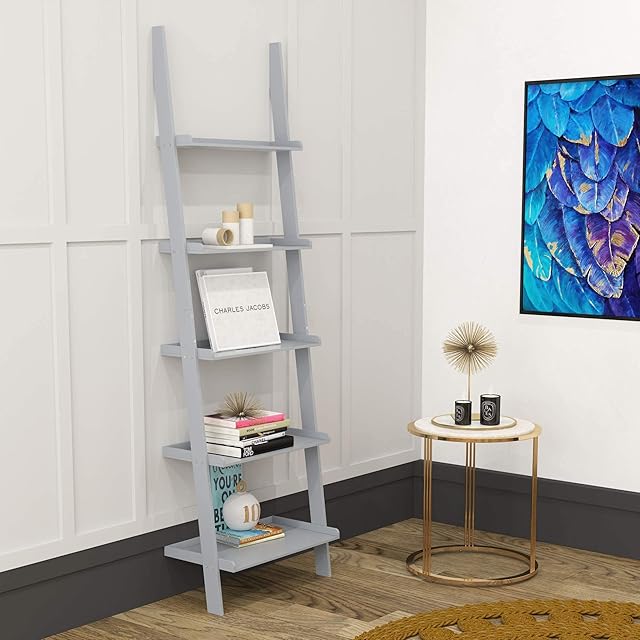 Charles Jacobs Ladder Shelf 5 Tier Leaning Storage Bookcase Unit - Grey
