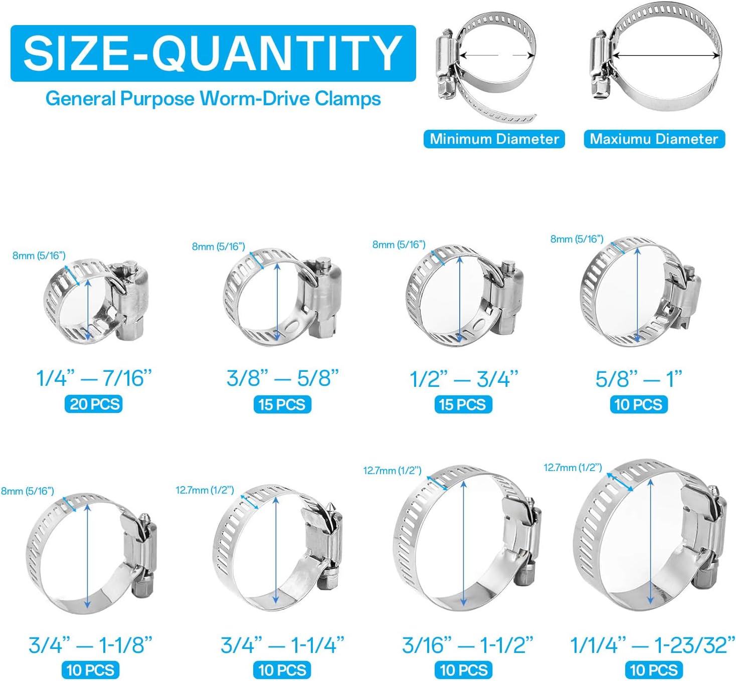 100pcs Small Hose Clamp Set - 1/4''–1-23/32'' 304 Stainless Steel Worm Gear Assorted Hose Clamps For Pipe, Intercooler, Plumbing, Tube And Fuel Line Clamp