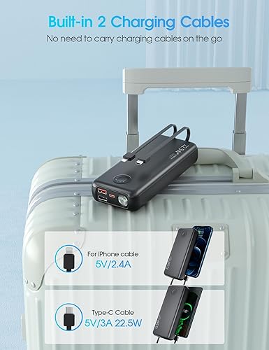 Miniatura 6 de MINRISE Cargador portátil con cables incorporados, 22.5 W, PD20W, batería de carga rápida, batería de 27,000 mAh con linterna, compatible con