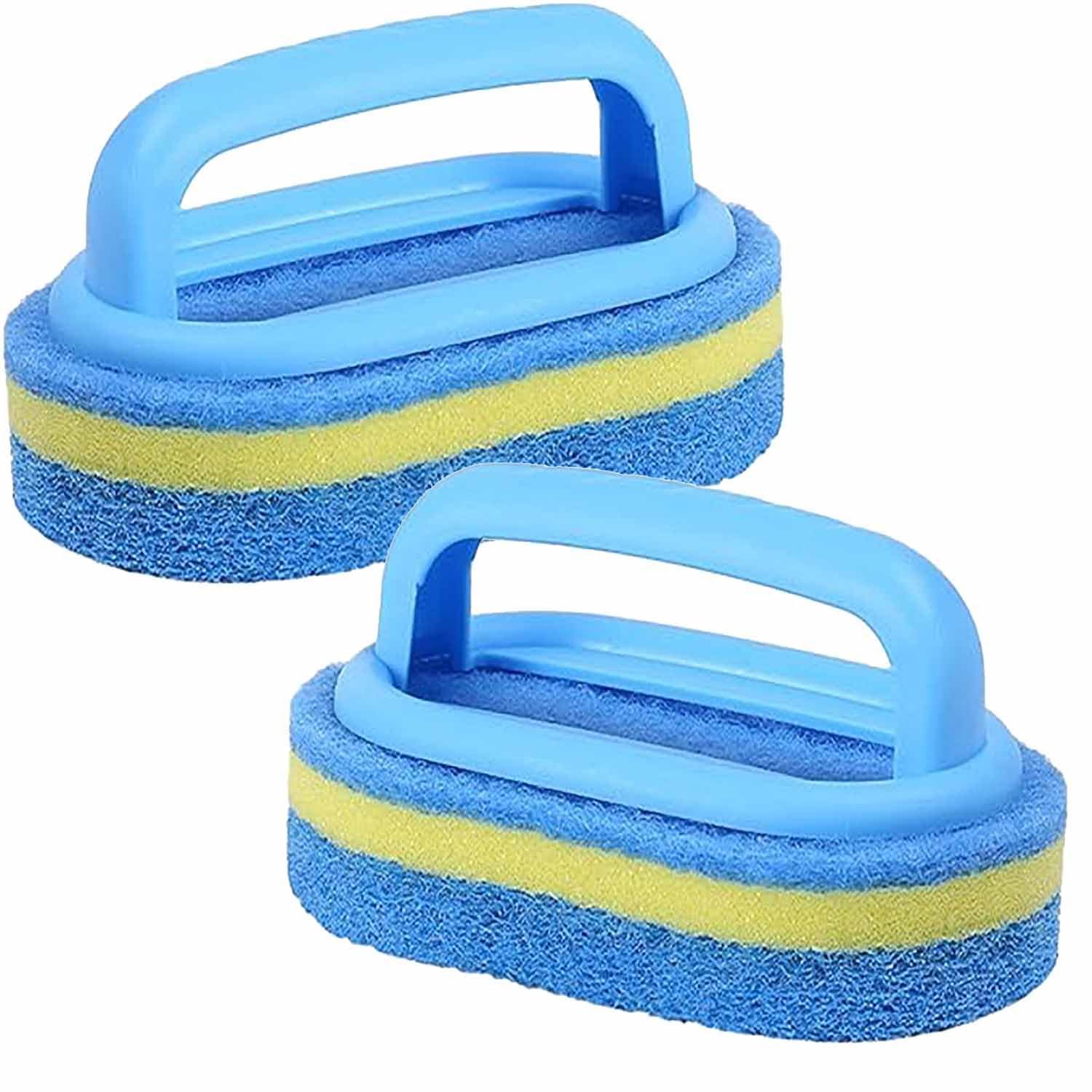 2 Pcs Bathroom Cleaning Sponge Brush with Plastic Handle Multi Function Scourer for Kitchen Tiles Bathtub and Toilet All Purpose Durable Design Blue Color