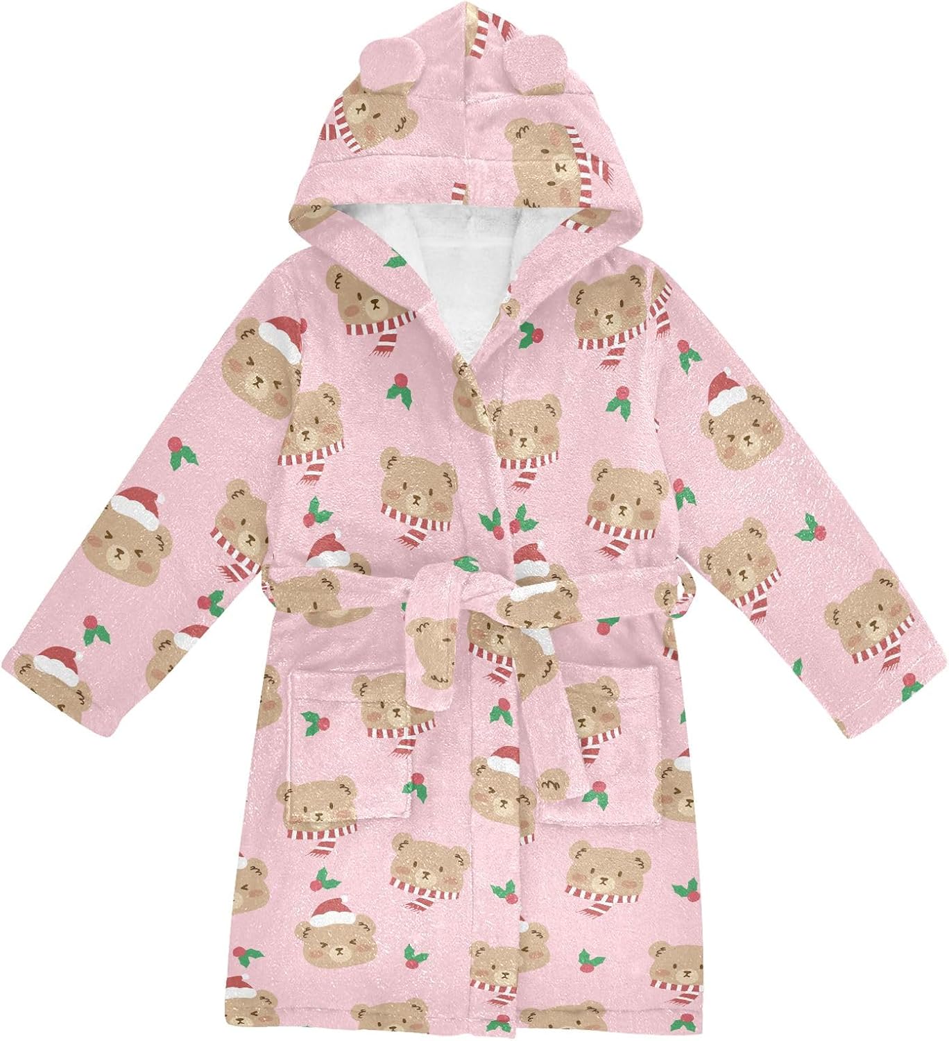Cute Christmas Brown Bears Pink Toddler Hooded Bathrobe for Boys Girls Soft Plush Bath Towel Robe 2-12 Years