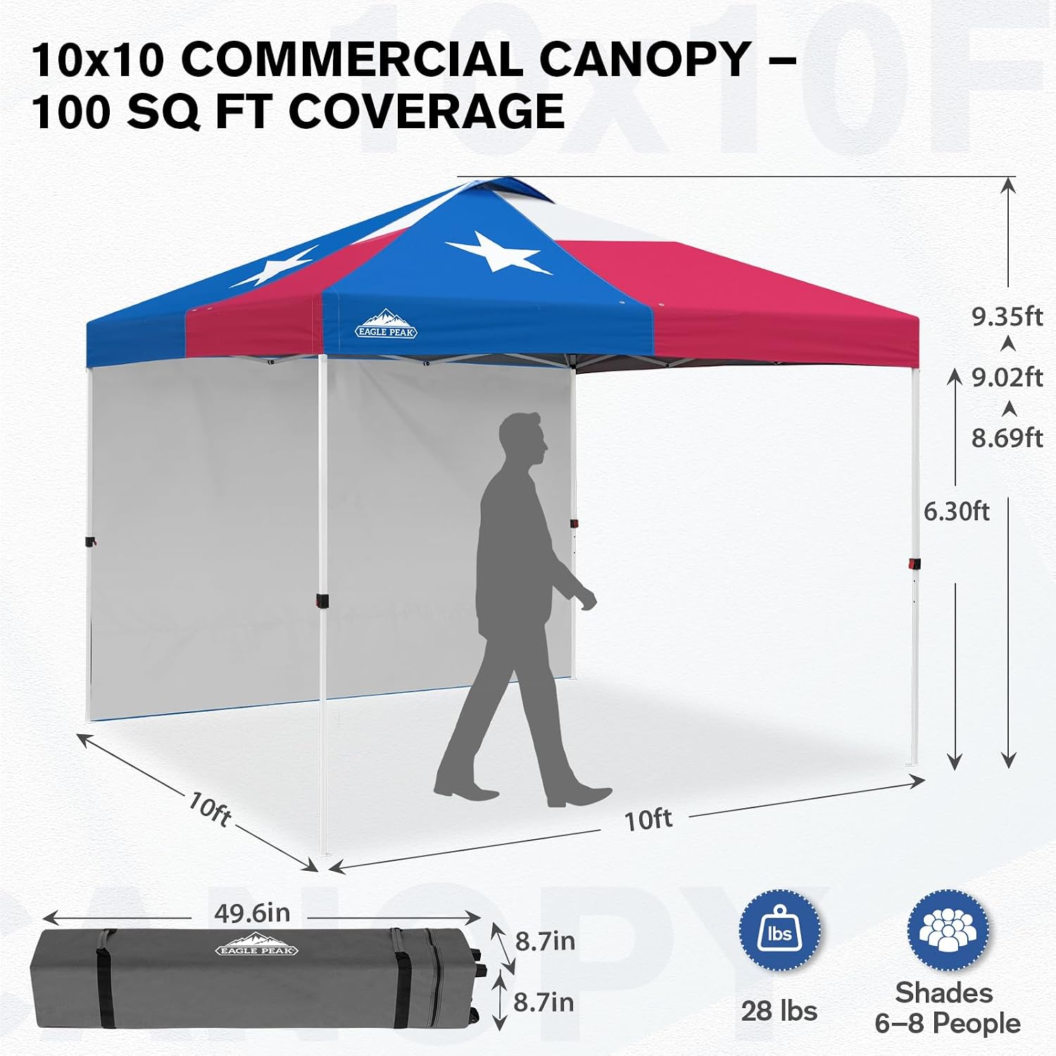 EAGLE PEAK Commercial Canopy 10x10 Pop Up Canopy Tent with 1 Sidewall, Easy Setup Heavy Duty Instant Event Shelter for Vendors & Markets, Outdoor Sun Shade, Tex Flag