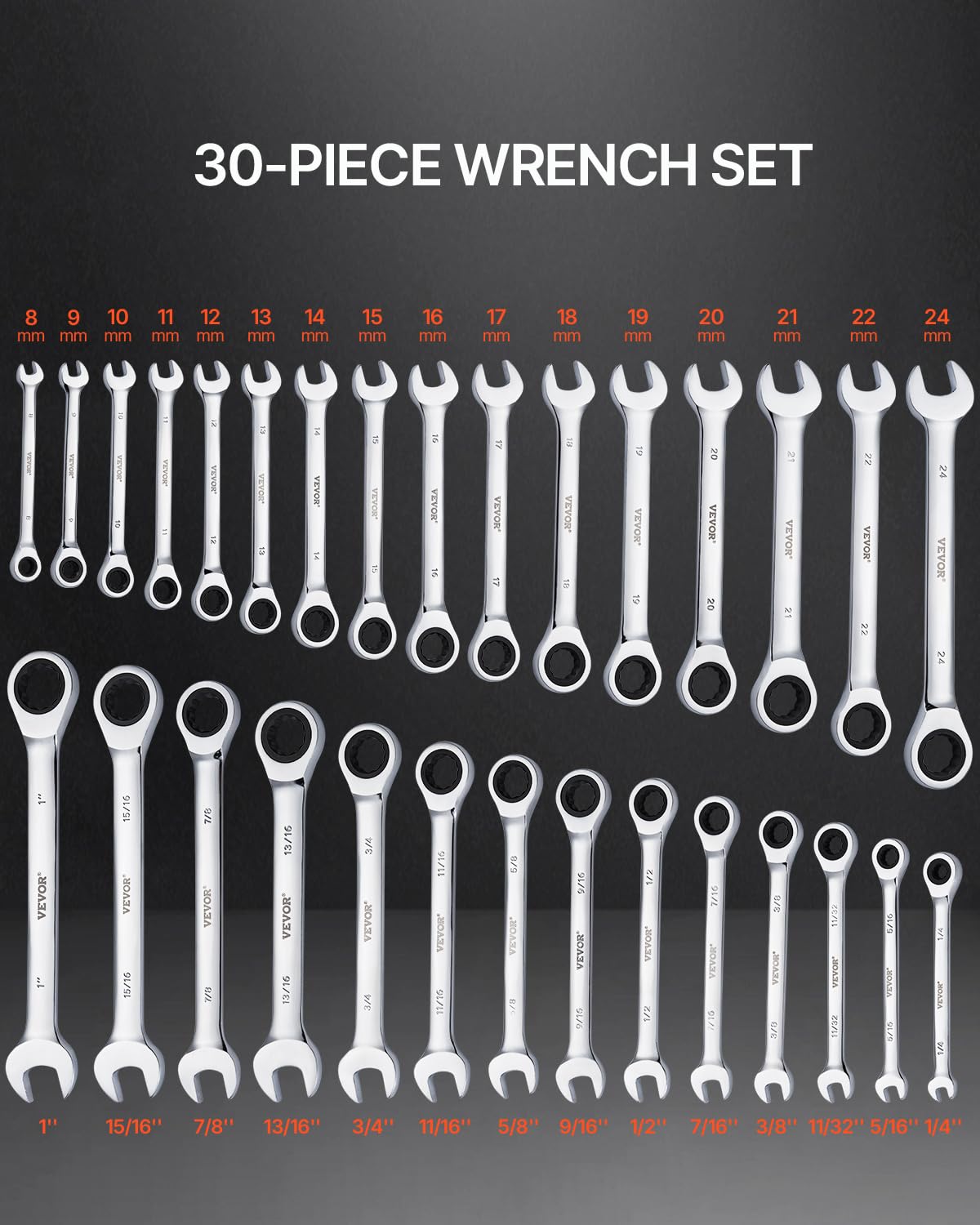 VEVOR 30 PCS Juego de Llaves Combinadas, Juego de Llaves de Trinquete con Estante Organizador, Juego de Llaves Mediano SAE de 1/4" a 1" y Métricas de 8 mm a 24 mm para Reparaciones de Automóviles