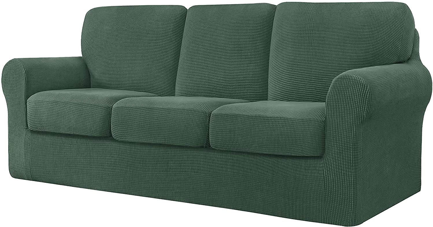 WJHDWYD 7 Pieces Stretch Sofa Cover, Sofa Cover with Three Separate Backs and Cushions with Elastic Band, Checked Spandex Jacquard Fabric(Dark Cyan,3 posti (185-235 cm))