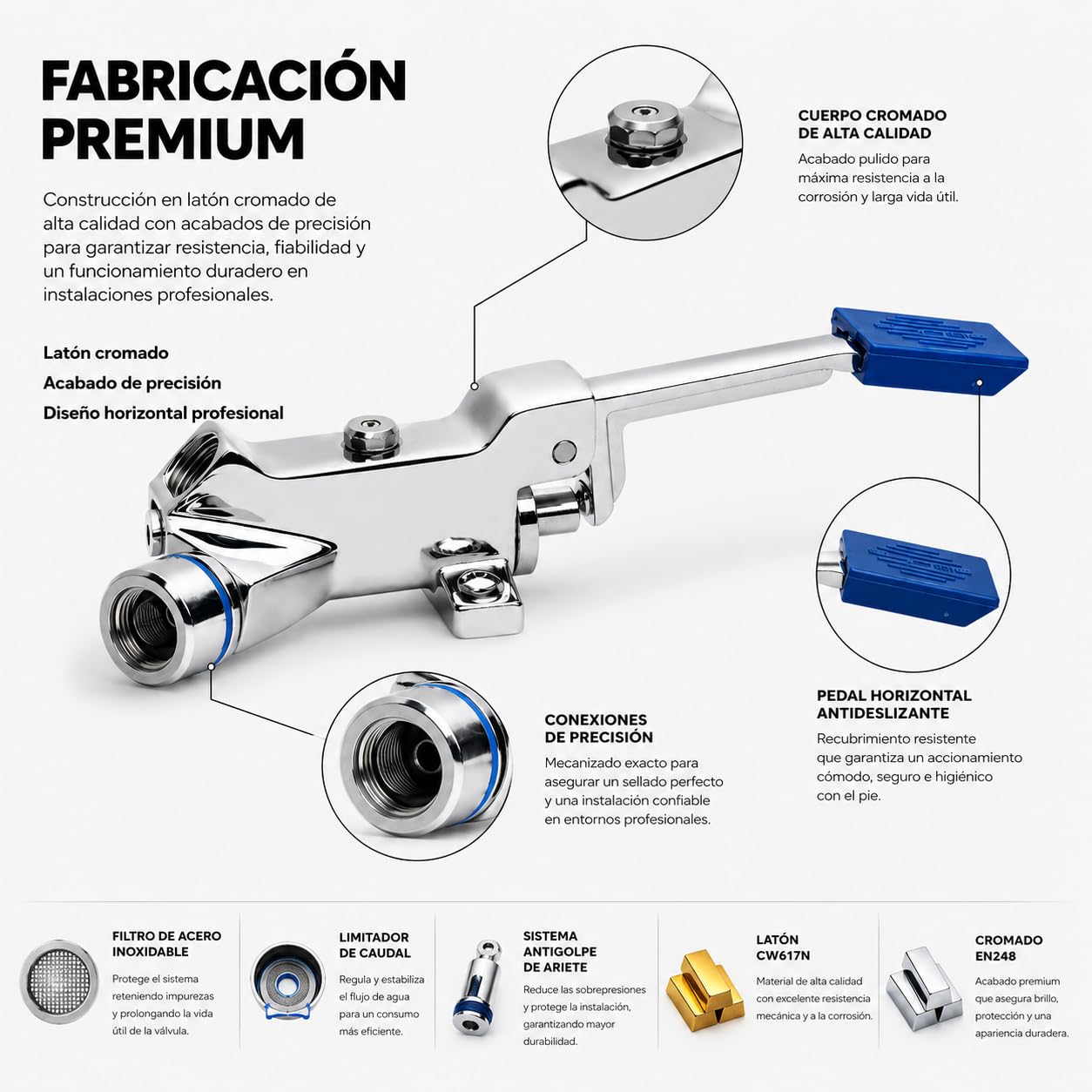 GENEBRE Grifo a Pedal para Cocina Industrial Profesional (Horizontal) | Válvula de 1 agua con accionamiento por pedal para trabajar con mayor higiene y mantener las manos libres.