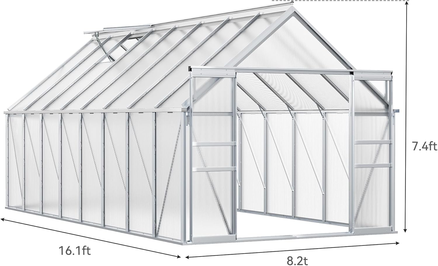 Greenhouse dimensions: 16.1ft length, 8.2ft width, 7.4ft height
