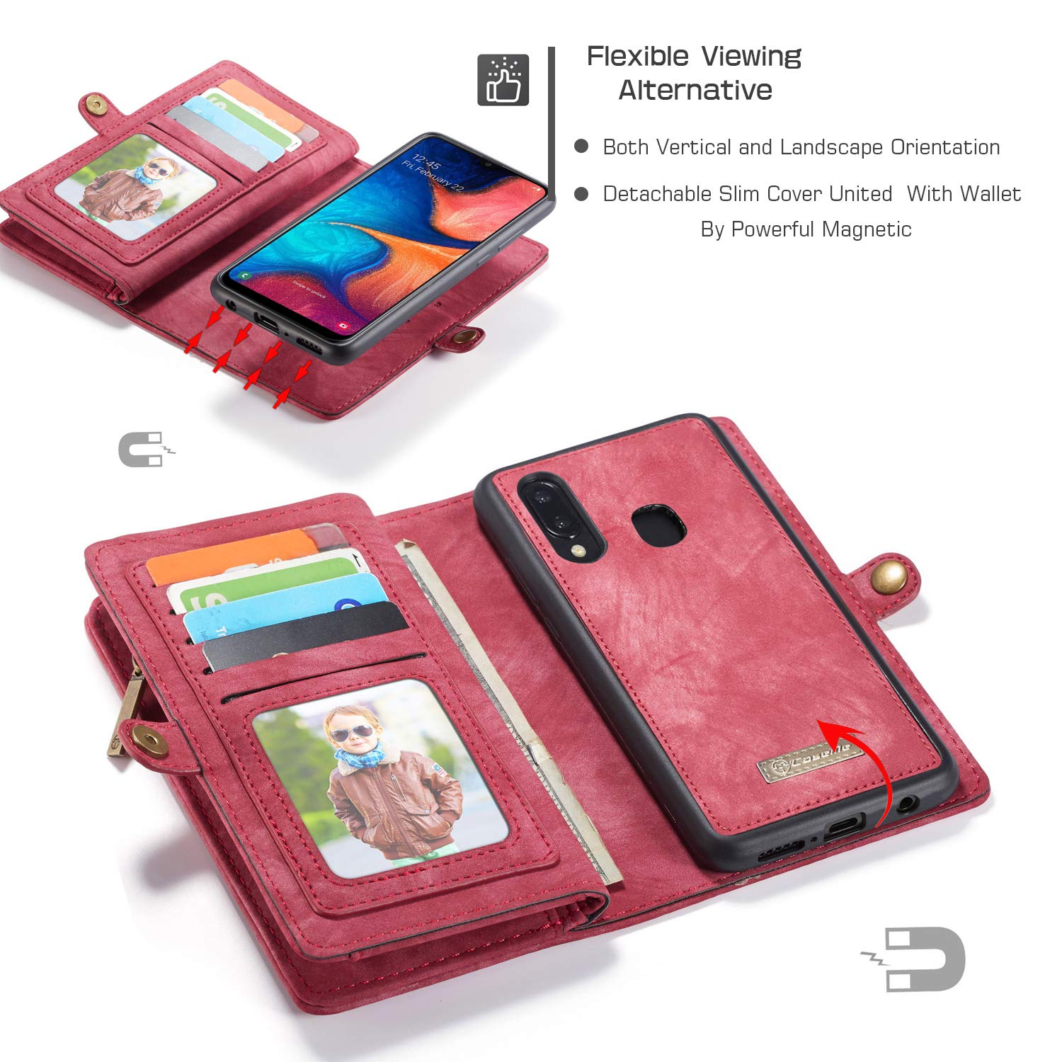 Simicoo Samsung A20 A30 - Portafoglio in pelle con cerniera e scomparti per carte di credito, con chiusura magnetica, con manico, antiurto, per Samsung A20 A30 (rosso, A20)
