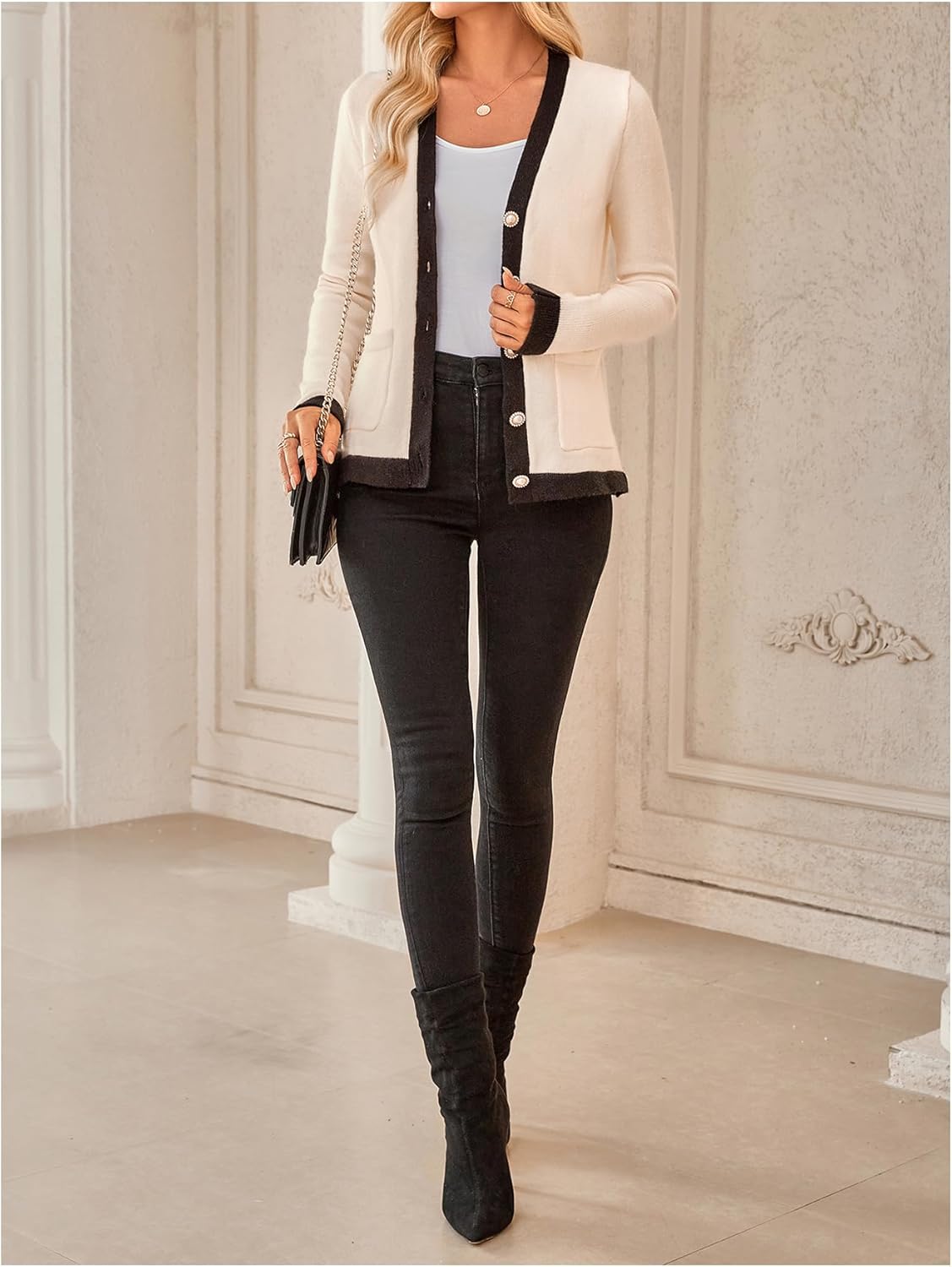 WDIRARA Women's Casual Flap Detail Button Front Cardigan V Neck Long Sleeve Contrast Trim Coat