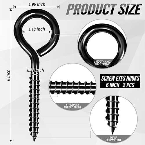 Miniatura 2 de ZAUGONTW Ganchos negros resistentes de 6 pulgadas, 2 ganchos de ojo atornillados para cables de sujeción de madera, cables, usos pesados en