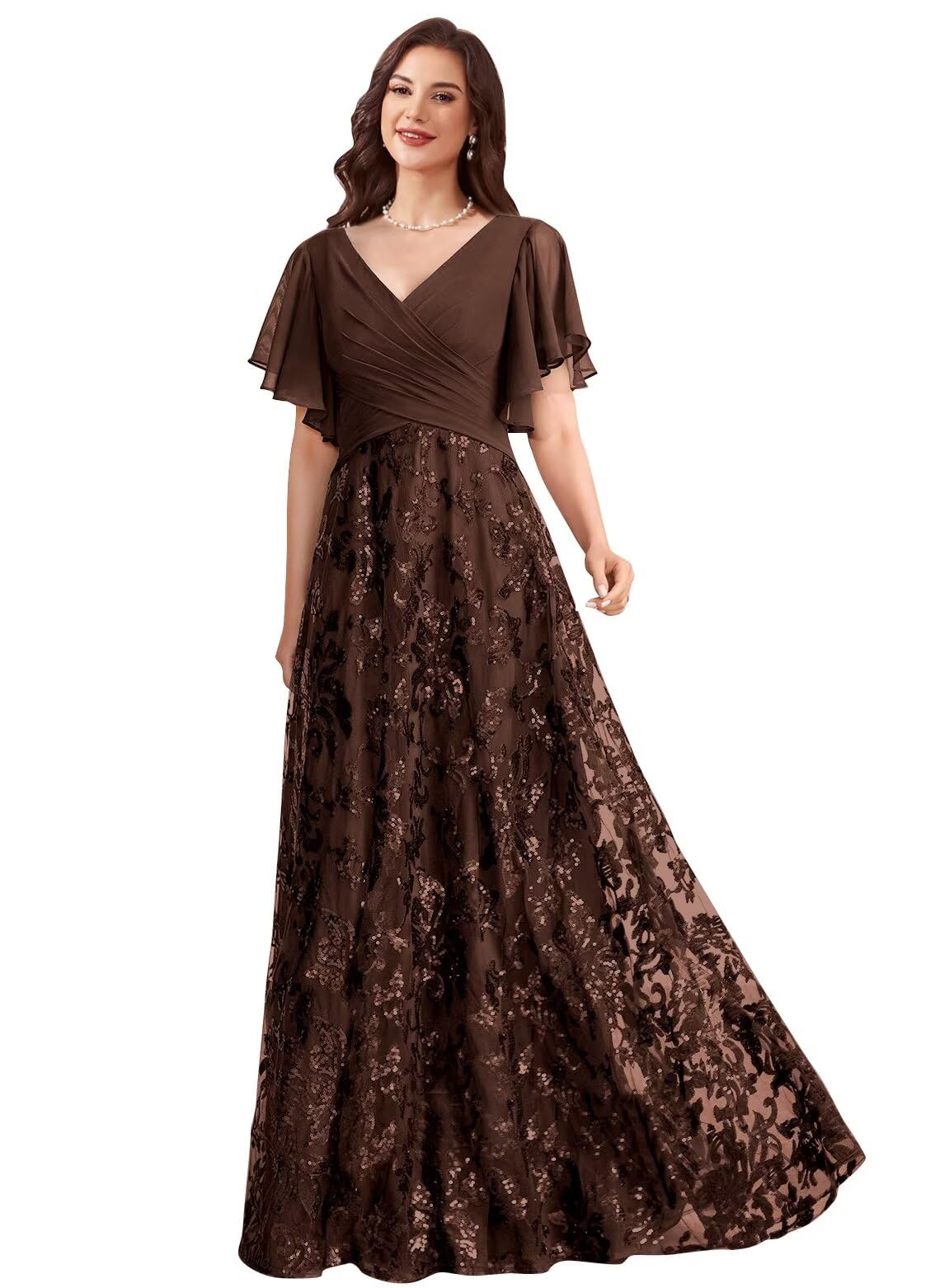 - Sequin Laces Mother of Bride Dresses for V Neck A Line Evening Gowns Chiffon Long Short Sleeve Formal Dress