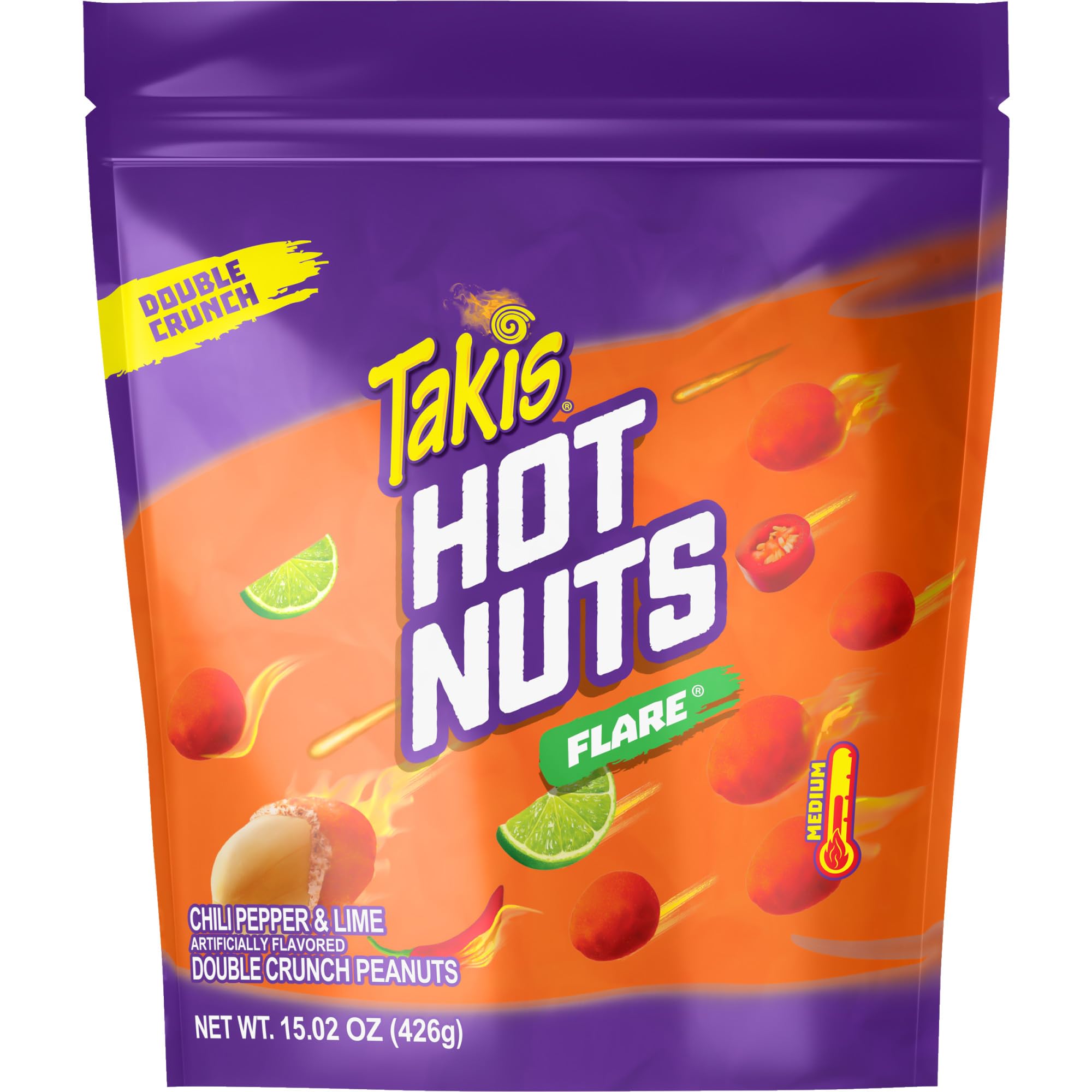 TakisChile Limon Hot Nuts 15.02 oz Sharing Size Resealable Bag, Chili Pepper & Lime Flavored Mild Spicy Double-Crunch Peanuts