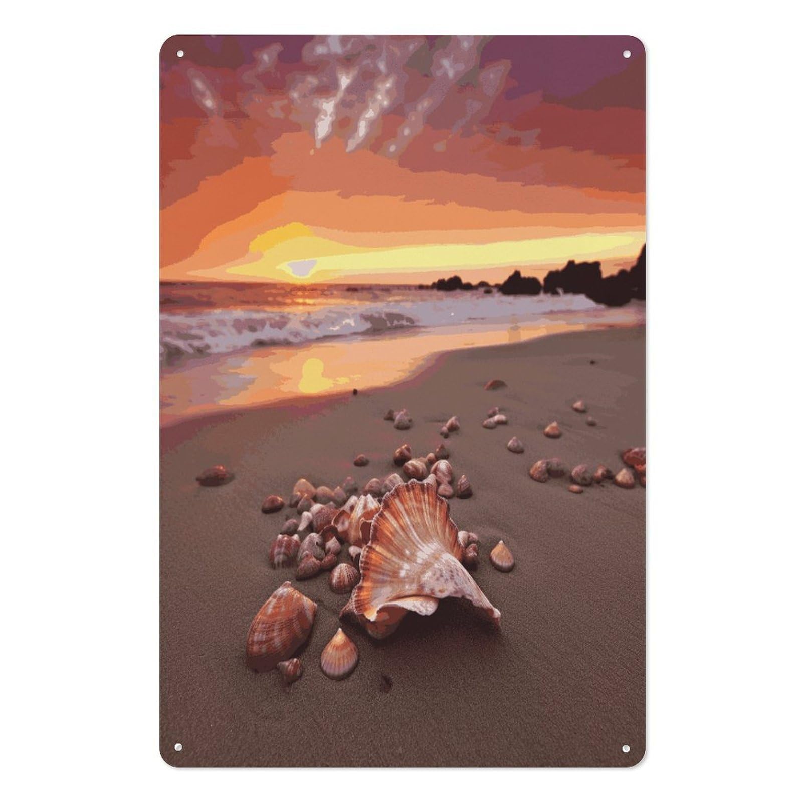 Adfgyerh Style Shell Beach Sunset Tin Sign Hanging Art Prints,Wall Decor For Gifting And Party Decoration 7.9X11.8 Inch,Wall Art For Home Garden Greenhouse Living Room Bedroom Yard