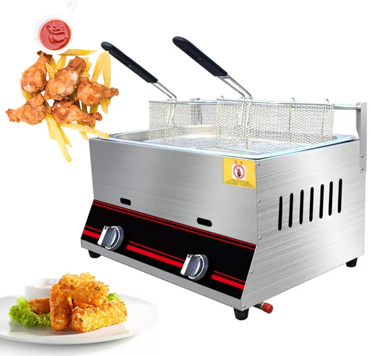 Deep Fryer Commercial Gas Manual Temperature Adjustment Stainless Steel Infrared Energy-Saving with Removable Basket Chip Fast Heating Energy Saving and Easy Clean(Style2)