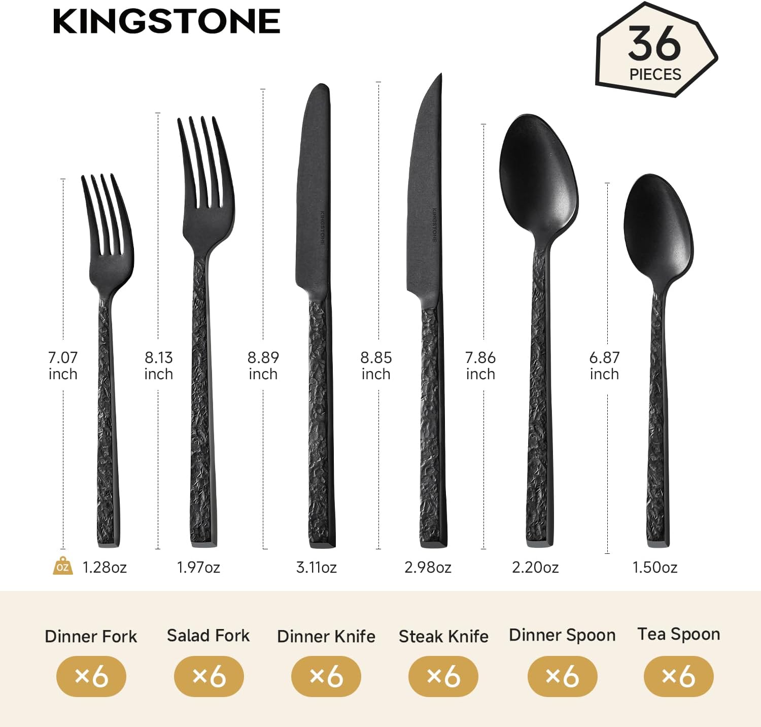 KINGSTONE 36 Pcs Black Hammered Silverware Set with Steak Knives for 6, 18/10 Stainless Steel Heavy Duty Flatware Set, Tableware Cutlery Utensil Sets for Home Restaurant Dishwasher Safe