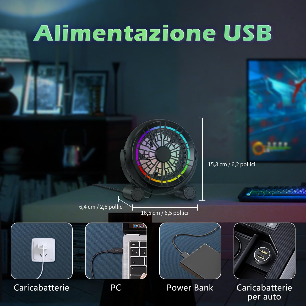 Ventilateur de bureau USB RGB - Ventilateur de table portable silencieux à 3 vitesses, 8 lumières LED de couleur, rotation à 360°, petit ventilateur pour la maison, le bureau et la chambre