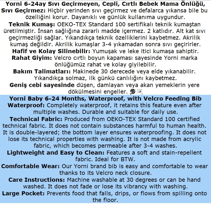 Yorni Sızdırmaz Cepli Ve Boyundan Cırtlı Bebek Mama Önlüğü 6-24 Ay