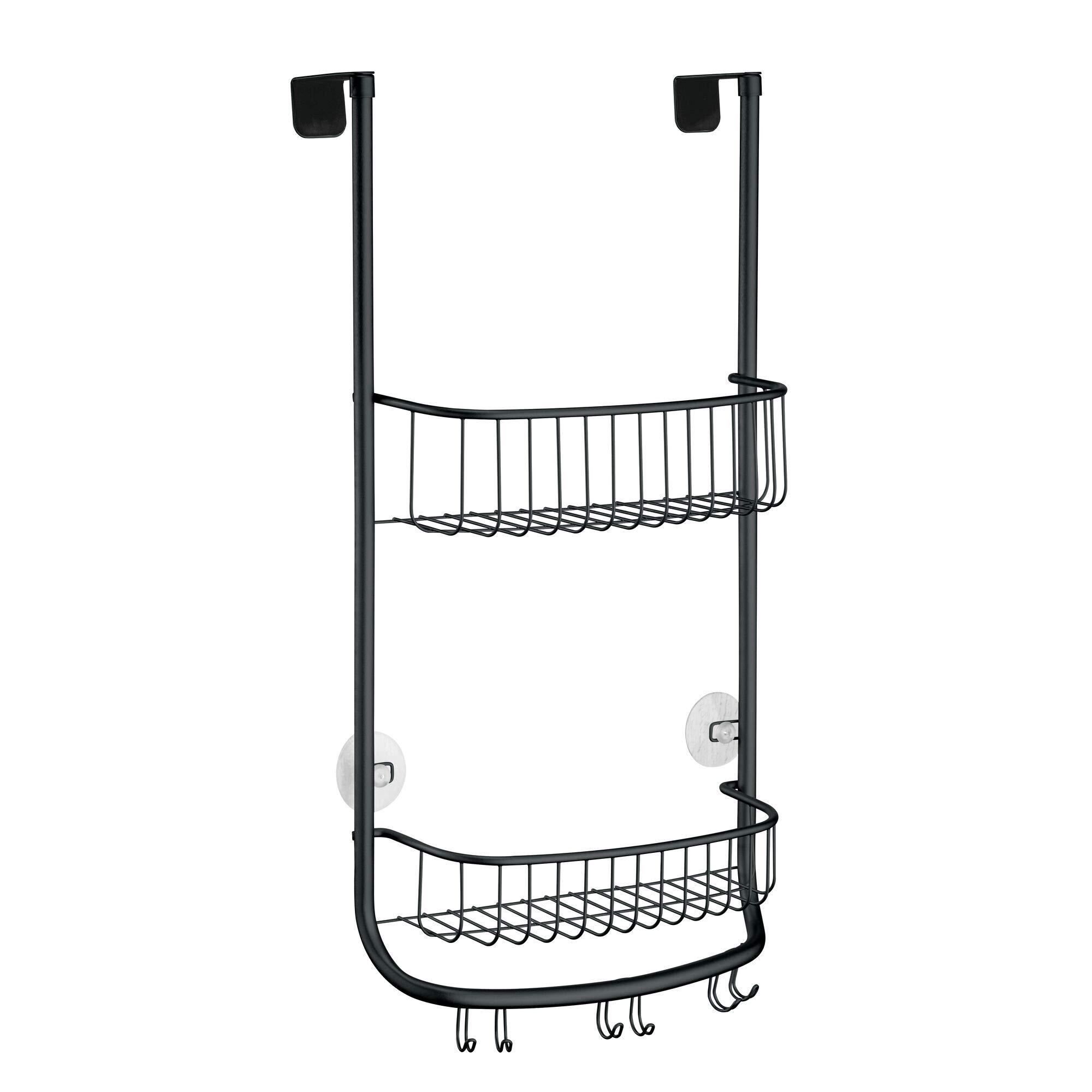 iDesign Organizador de ducha para colgar, pequeña estantería colgante de metal con 2 baldas y 3 ganchos dobles, cesta de ducha para la cabina de ducha, negro