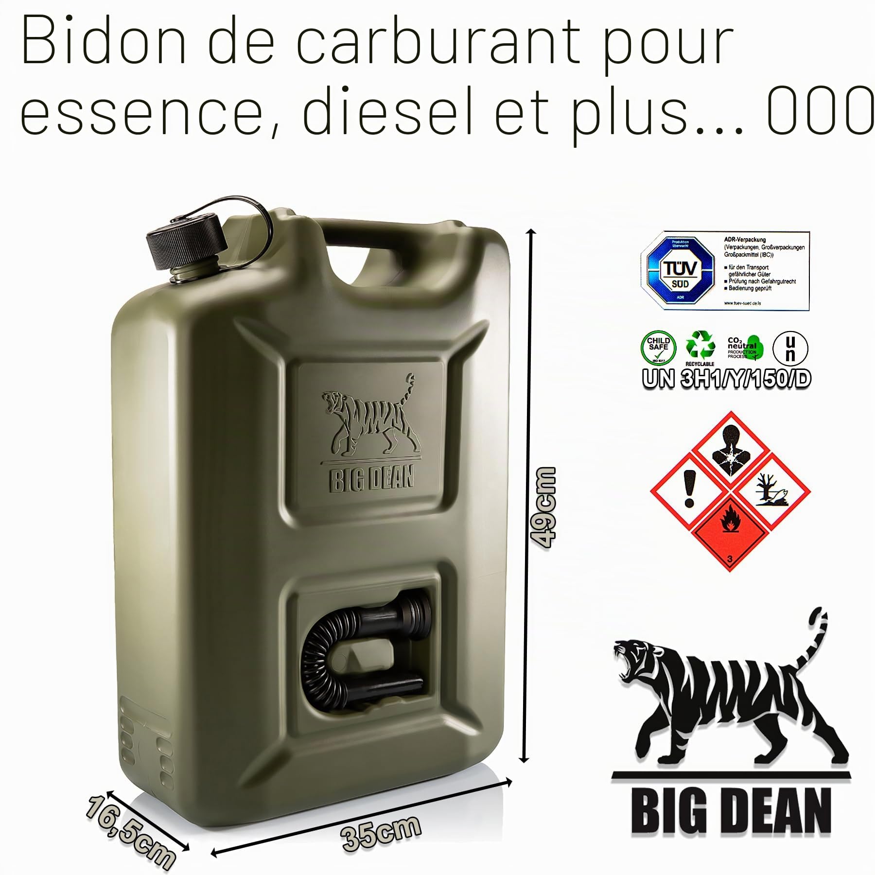 BigDean Lot de 5 bidons d'essence de 20 l en vert olive avec bec verseur flexible – Bidon de carburant pour essence et diesel – Bidon de réserve – Fabriqué en Allemagne