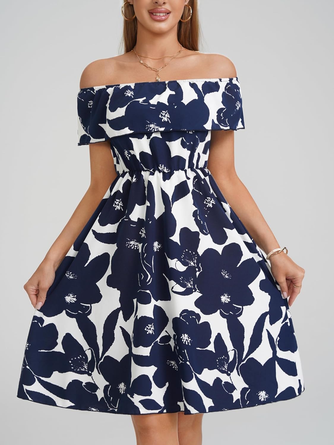 Womens Off Shoulder Ruffle Floral Wedding Guest Dresses A Line Shift Short Skater Dress - Image 5