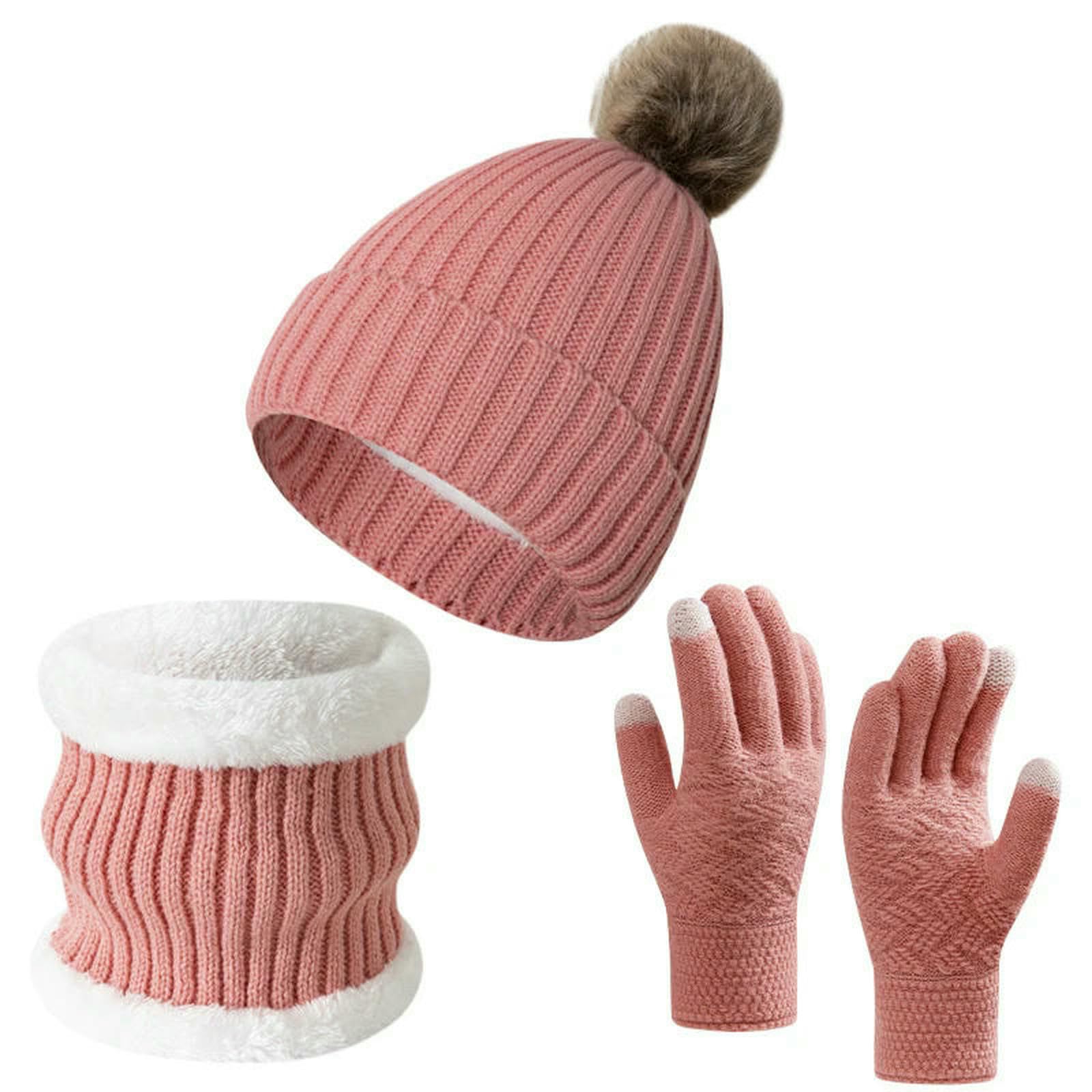 Mütze,Schal & Handschuh-Sets 3-teiliges Strickmützen-Set Für Den Winter, Mit Großen Pompons Wärme Und Dickem Fleece, Geeignet Männer Frauen-grau