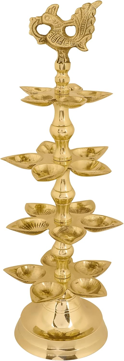 SATVIK 1 Pc Brass Panchmukhi Peacock Kerala Samai Puja Diya Kutthu Vilakku Oil Lamp Pooja 4 Step Diya Engraved Design Deepak Indian Diwali Pooja Home Mandir Office Decor Housewarming Return Gift Items