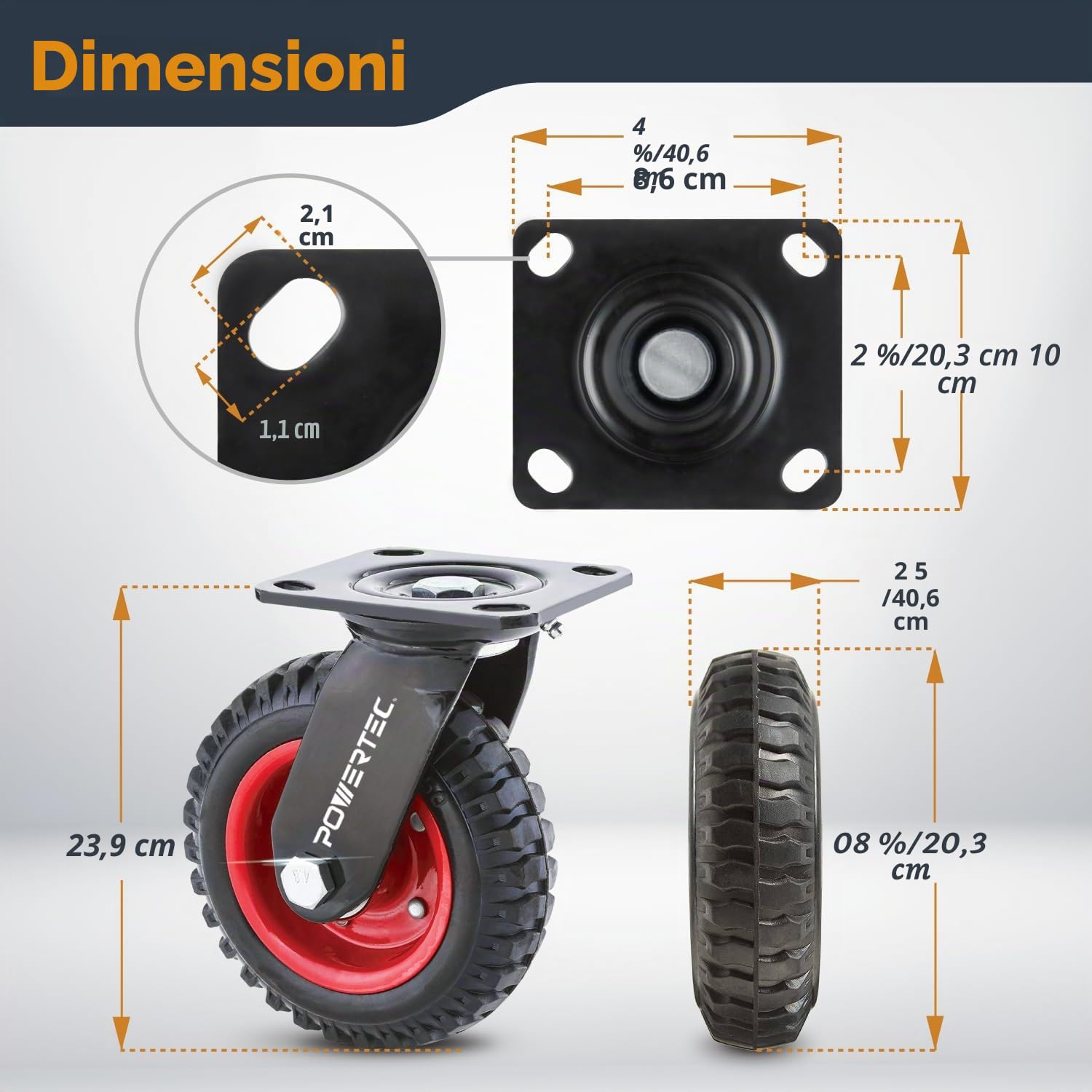 POWERTEC 17051 - Ruote girevoli per uso industriale, 20,3 cm, colore: nero, 20,3 cm