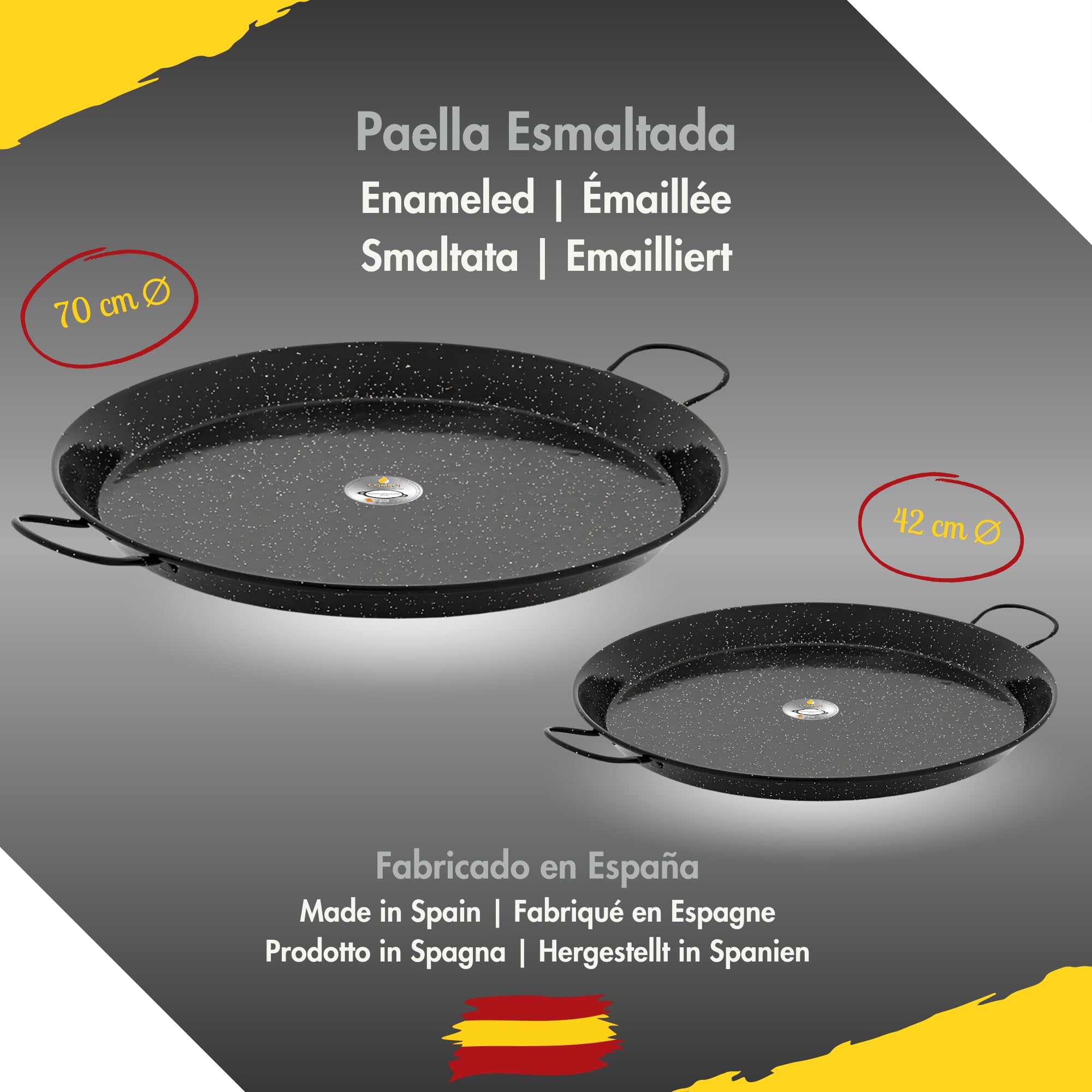 COMBOI Kit Paellero Pro-E 53 cm, Bruciatore a gas butano-propano, Paellera smaltata 70 e 42 cm, Regolatore, Tube, Gambe rinforzate, Livello, Grembiule, Libro ricette digitali