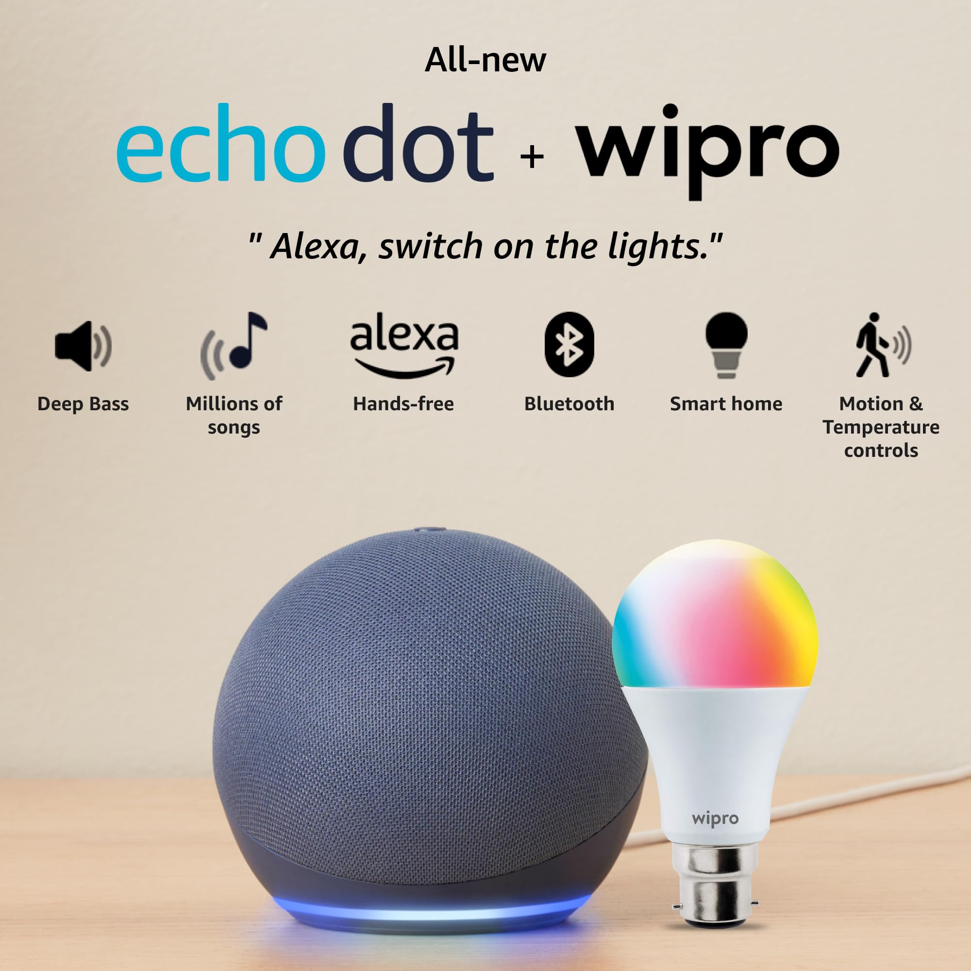 Amazon Echo Dot (5th Gen, Blue) Smart Home Speaker Combo with Wipro 9W LED Smart Color Bulb | with Bluetooth and Alexa