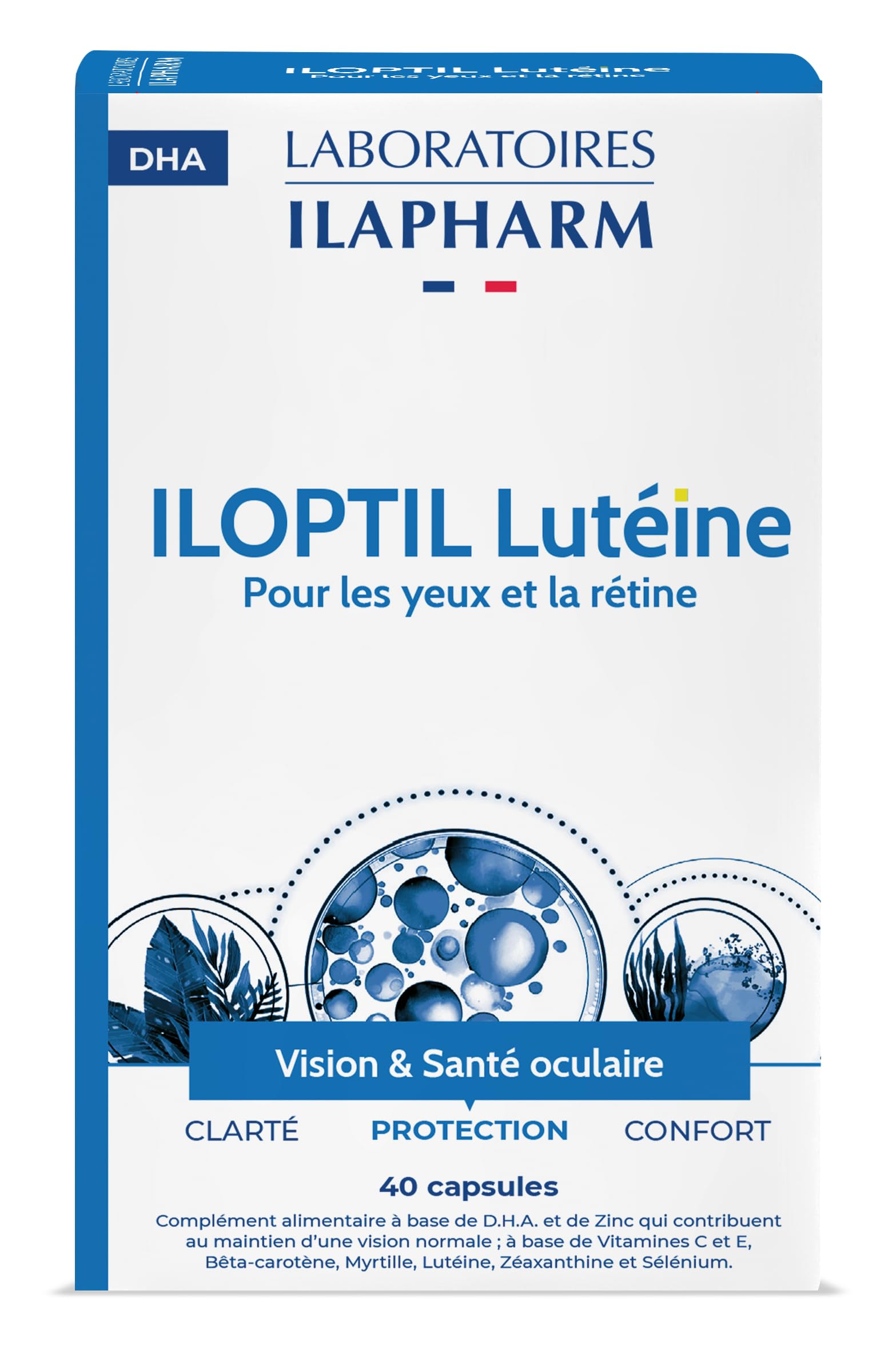 Laboratoires Ilapharm - Iloptil Luteine Et Zeaxanthine- D.​H.​A, Lutéine, Zéaxanthine, Myrtille, Vitamines Et Minéraux - Protection Des Yeux Et De La Retine - 40 Capsules
