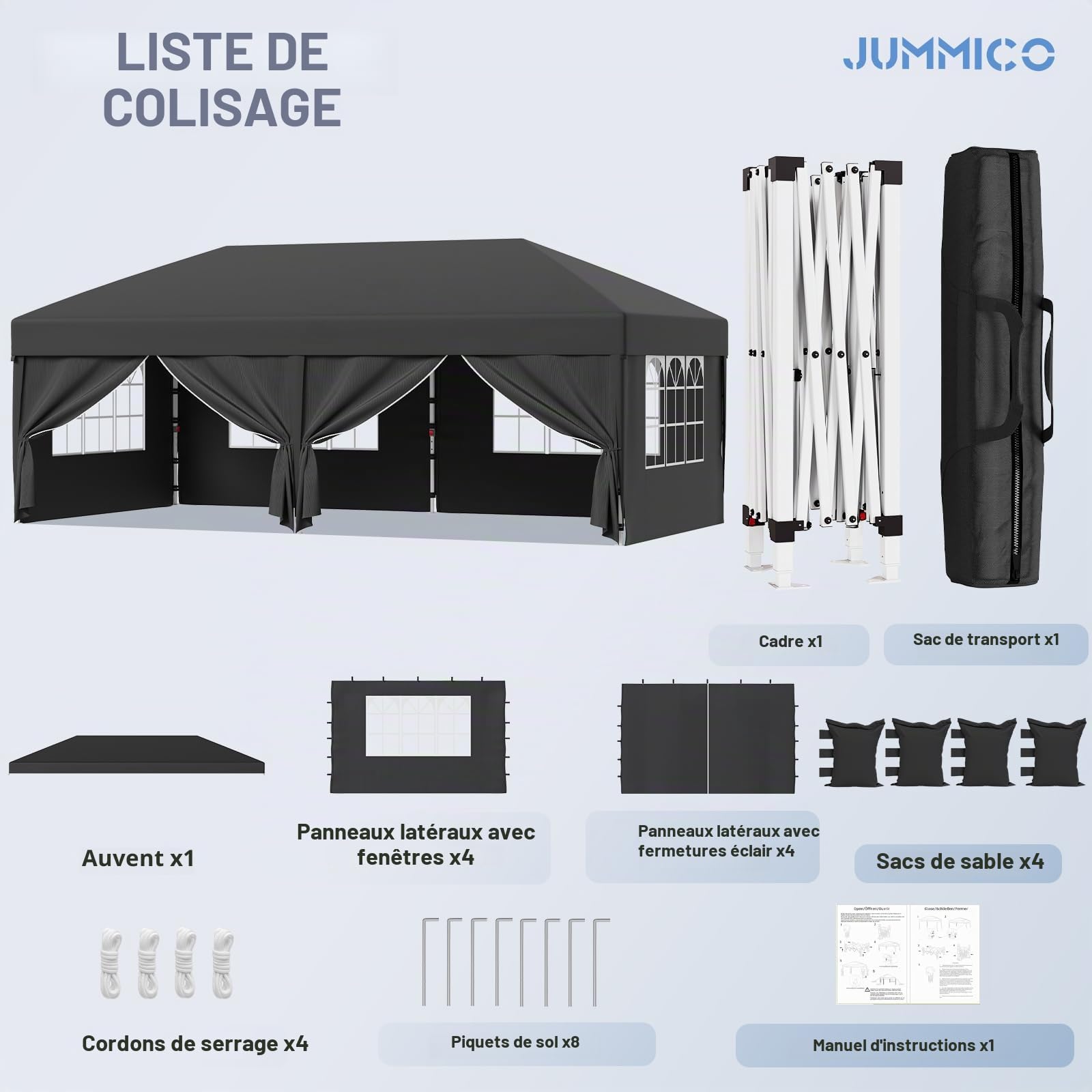 JUMMICO Tonnelle Pavillon Pliable 3x6m à Montage Rapide｜Assemblage en 5 Minutes｜Hauteur Réglable & 10cm Plus Haut｜Stable au Vent & Imperméable｜pour Jardin, Camping & Fêtes Gris