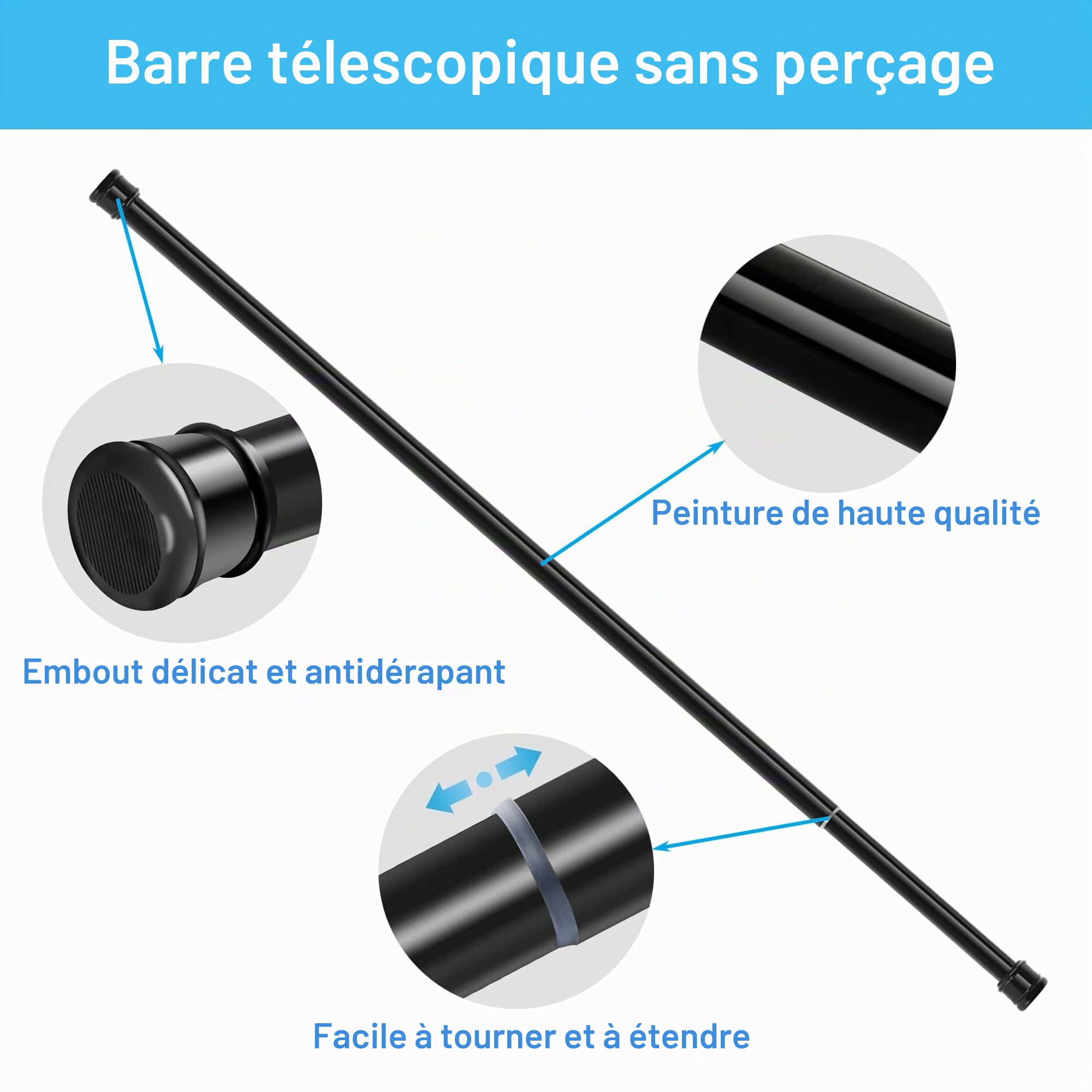 1 Tringle à rideaux télescopique sans perçage pour salle de bain, fenêtre, penderie, 66-90 cm, blanc (diamètre 25 mm)