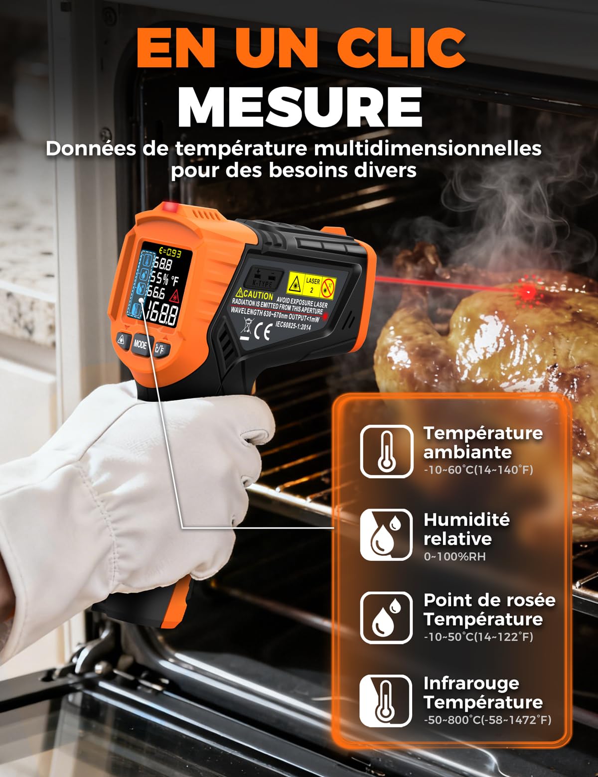 4 en 1 Thermomètre infrarouge professionnel POROMETISTO, 4 réglages d'alarme de qualité industrielle, -50 °C à 800 °C pyromètre laser thermometre infrarouge numérique avec sonde K et écran LCD couleur