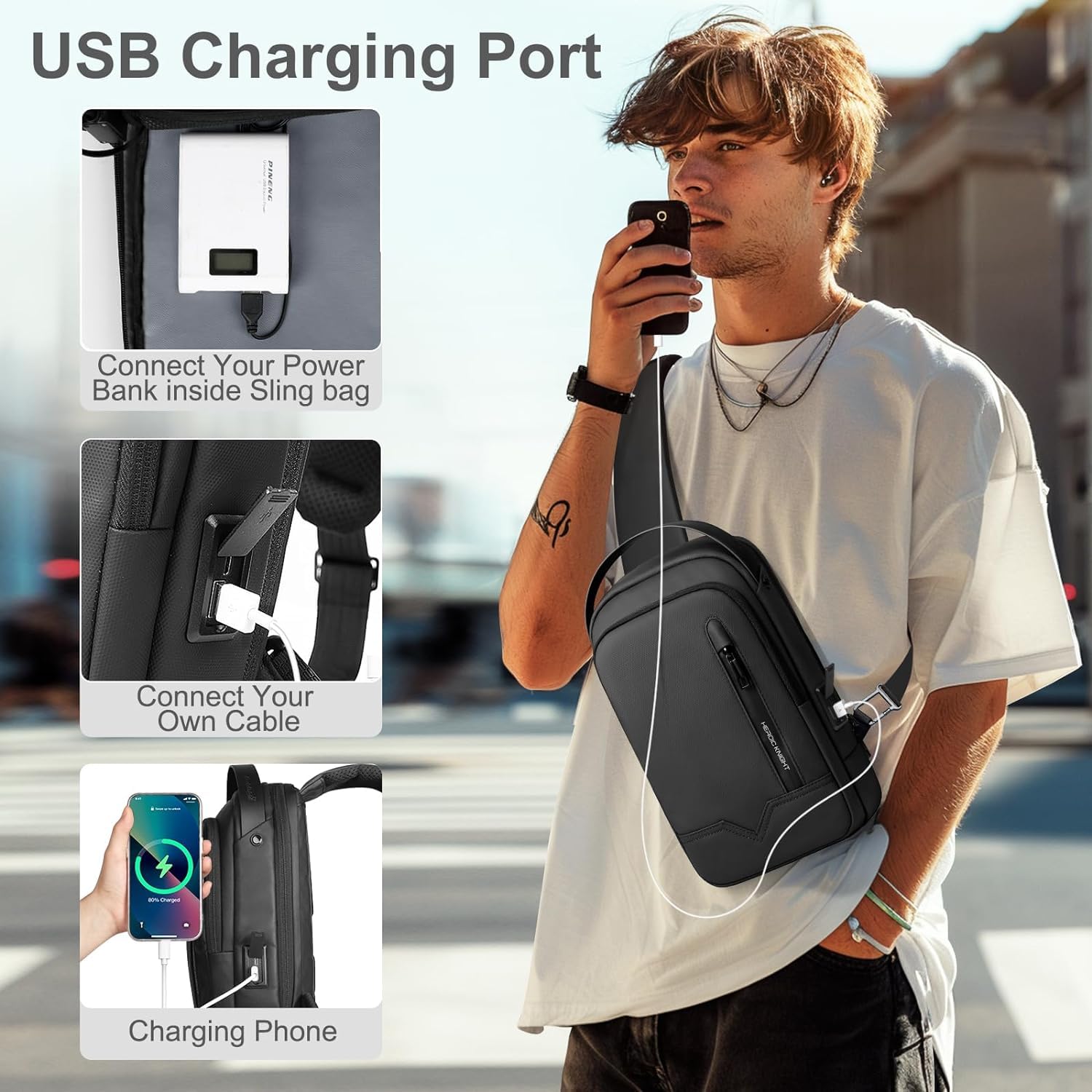 hk Sacoche Homme Sac de Poitrine Imperméable Léger avec Port de Chargement USB Sacoche Bandoulière Noire Sac Bandouliere pour iPad 11.3 Pouces (Noir)