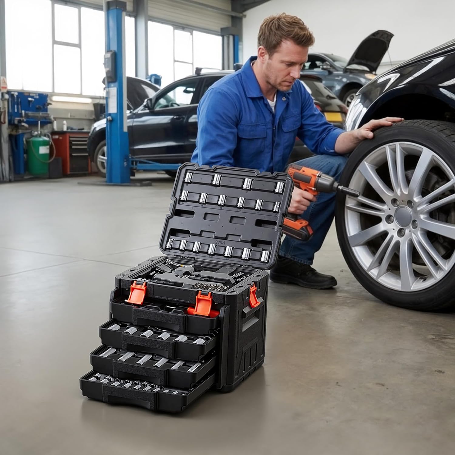 VEVOR Mechanics Tool Set, 230-Piece Mechanic Tool Kit, 1/4 in, 3/8 in, and 1/2 in Drive, SAE and Metric Socket Set, Wrenches, Screwdriver Bits, Accessories, and Storage Case, for Automotive Repair