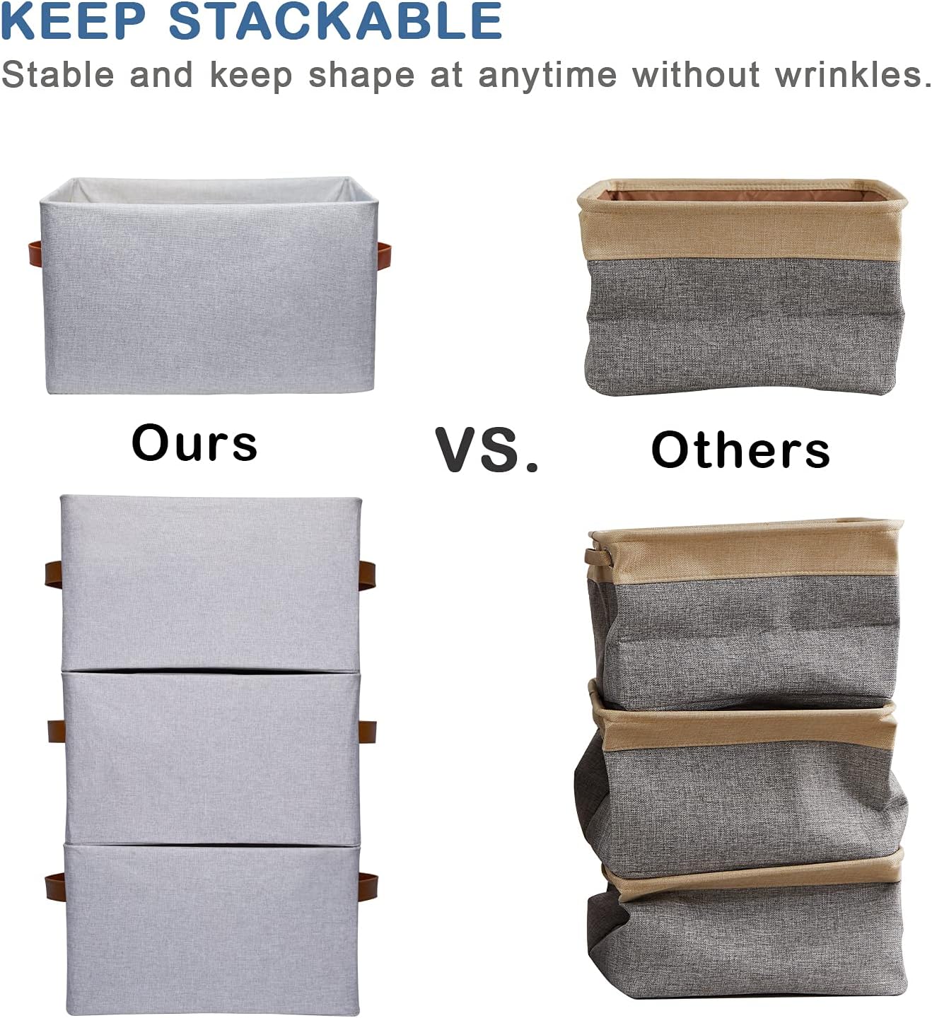 HOUSE AGAIN 3pcs Supportive Stackable Storage Baskets,Large Capacity Freestanding Storage Boxes/Bins, NO Wrinkles, Sturdy & Foldable Canvas with 2 Handles (Leather Handle/Light Grey)