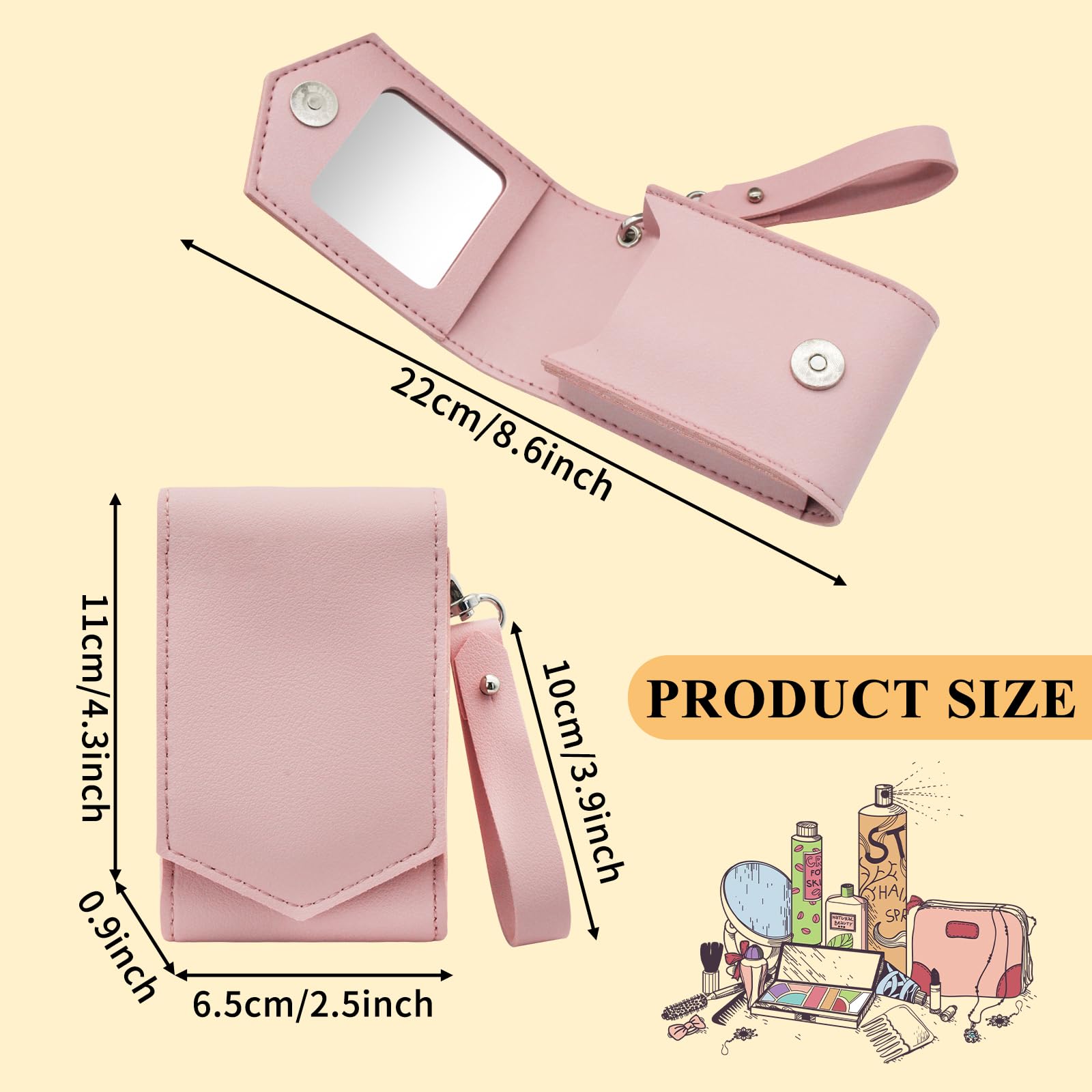 Estuche para lápiz labial de maquillaje, bolsa de piel sintética con espejo, soporte para lápiz labial con llavero extraíble, capacidad para hasta 3 lápices labiales, cierre magnético, 2