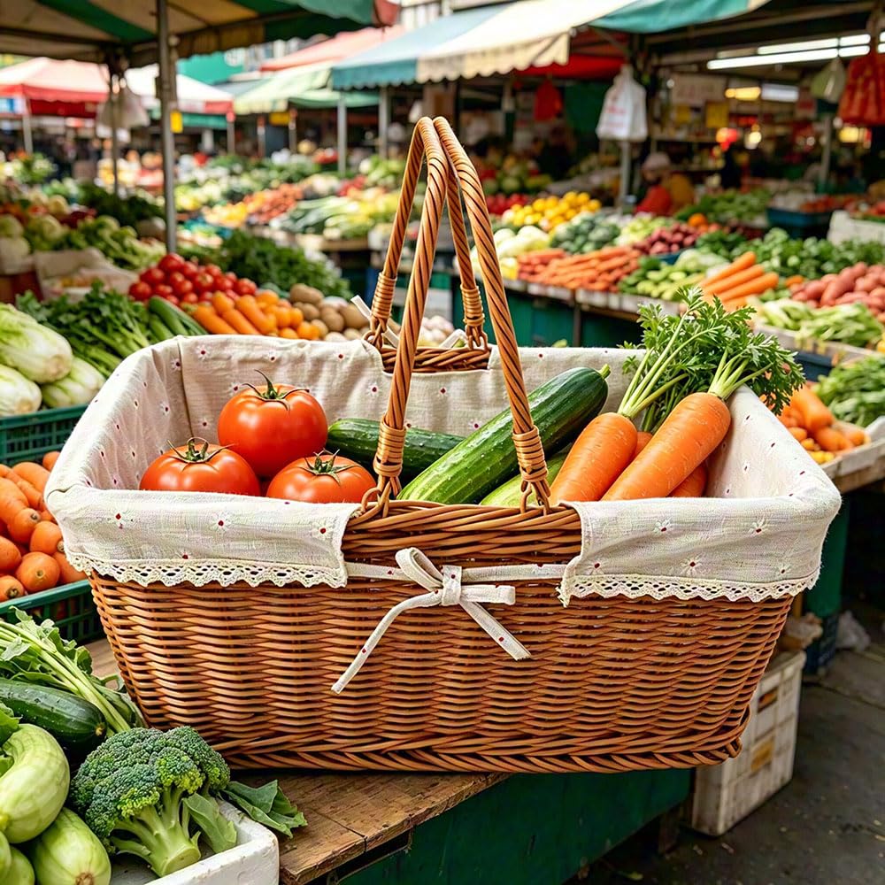 RT&BS Cesta de Mimbre para Picnic con Asa, Cesta de Mimbre para la Compra Grande con Forro, Cestas de Pascua, Cestas Reutilizables Tejidas a Mano para Picnic, Compra, Almacenamiento, Recolección (G)