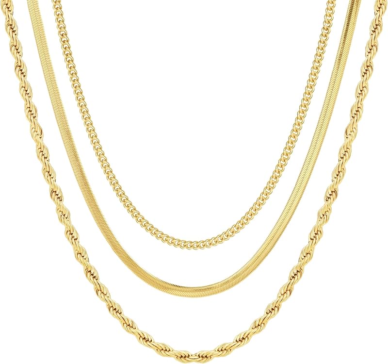 Layered Gold/Silver Necklace for Women,14K Gold/Silver Plated Herringbone Necklace Choker Multilayer Snake Paperclip Cuba Figaro Box Chain Accessories Set Non Tarnish Jewelry Gift for Women