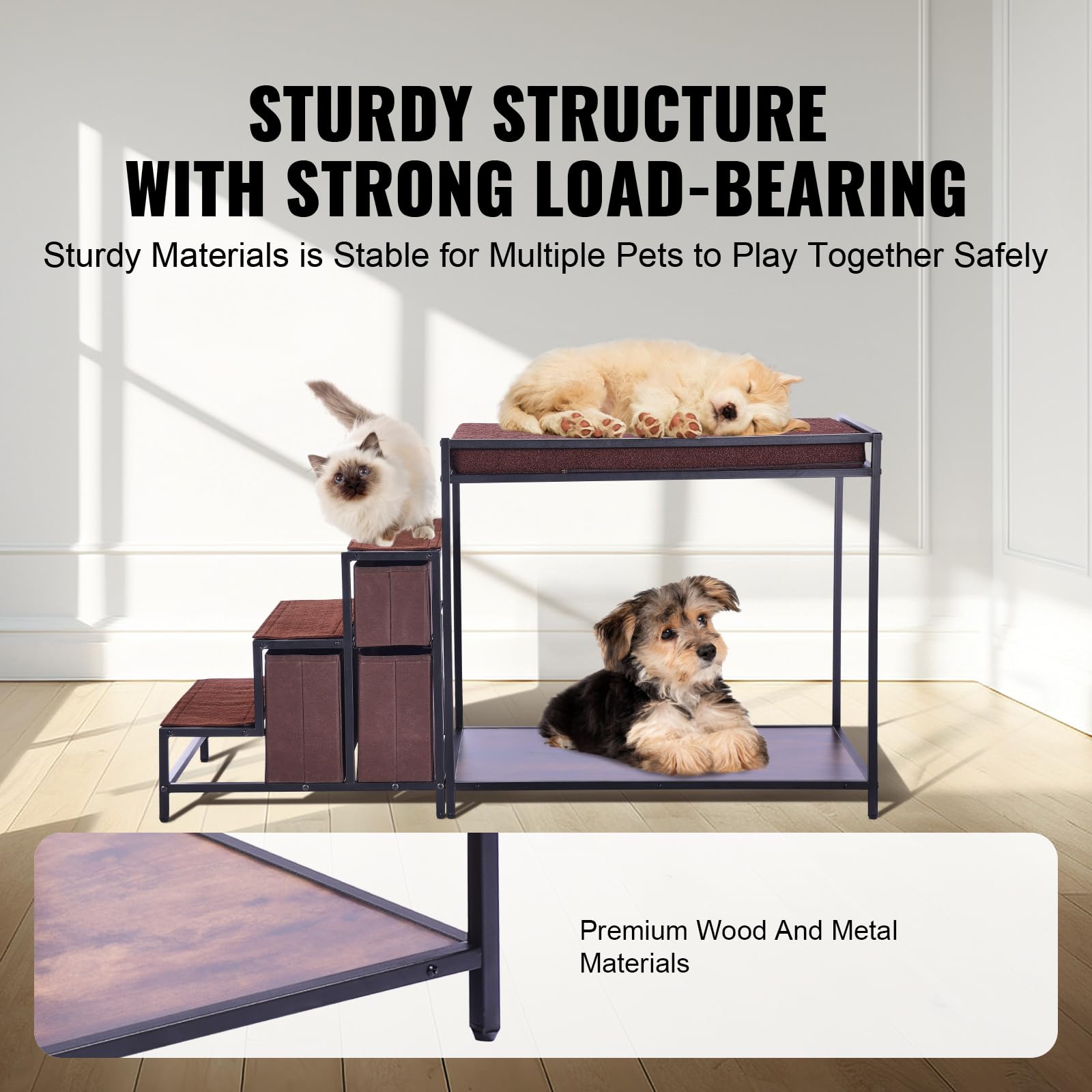 VEVOR Litera para Mascotas con Escaleras de 1245 x 500 x 660 mm, Percha para Ventana para Perros o Gatos con Espacio de Almacenamiento para Uso en Interiores, Hogar, Cerca de Cama y Ventana, Marrón