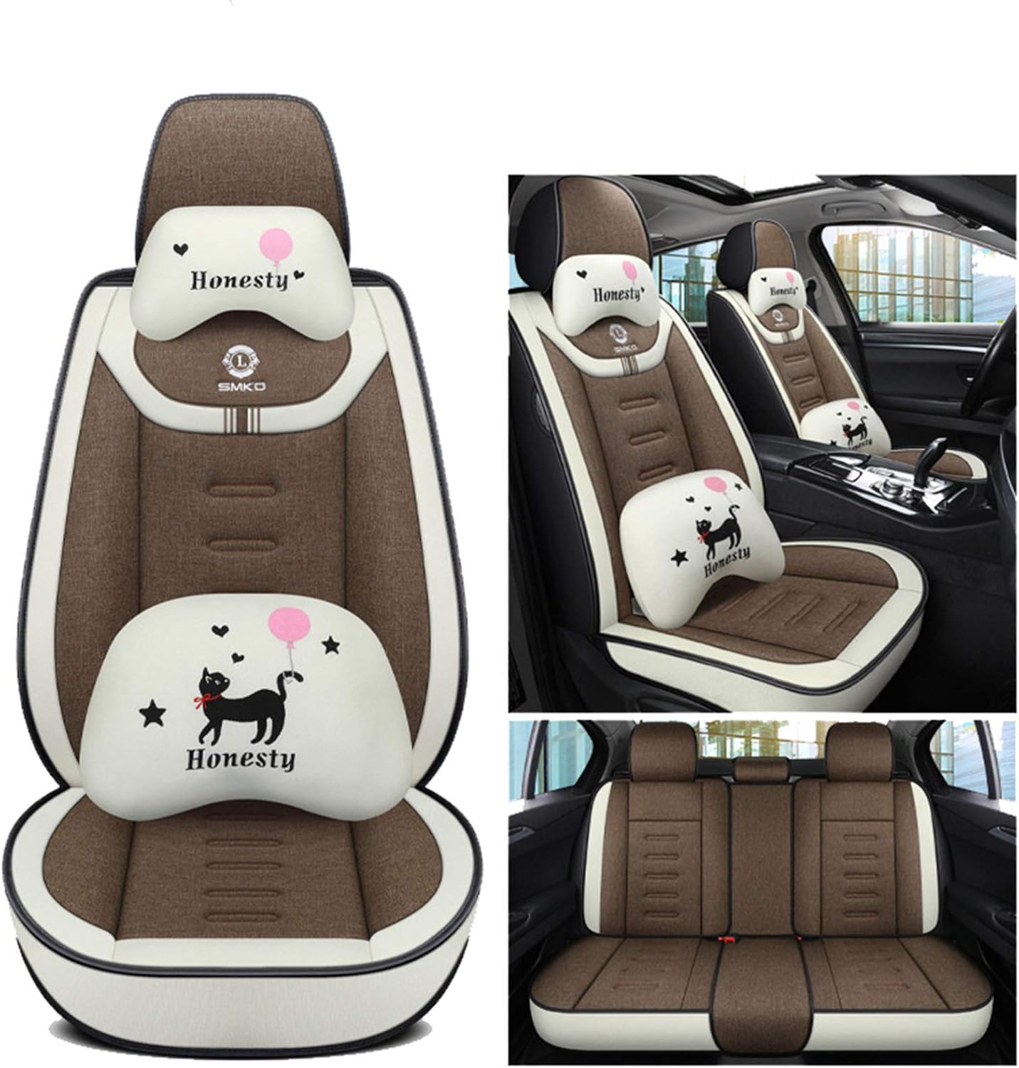 Car Seat Cover Synthetic Linen Fabric Water Washable Breathable Sweat Proof Cushion Front and Rear Full Set Universal Fit for Sedan SUV Truck Hatchback,B