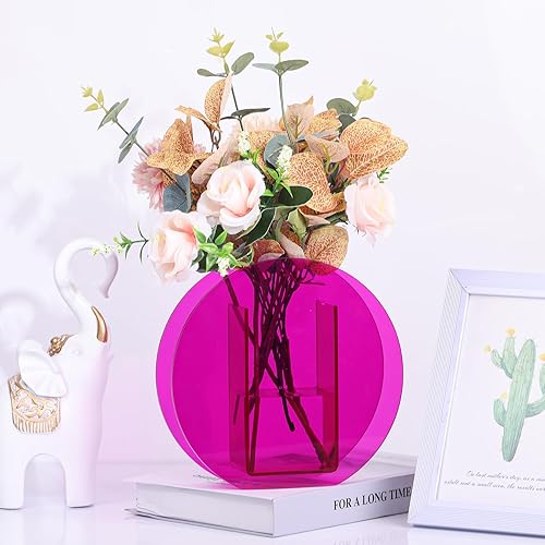 Miniatura 2 de Jarrón de acrílico rosa intenso, moderno jarrón pequeño de acrílico geométrico de boca ancha, florero rosa intenso para centros de mesa, jarrón de