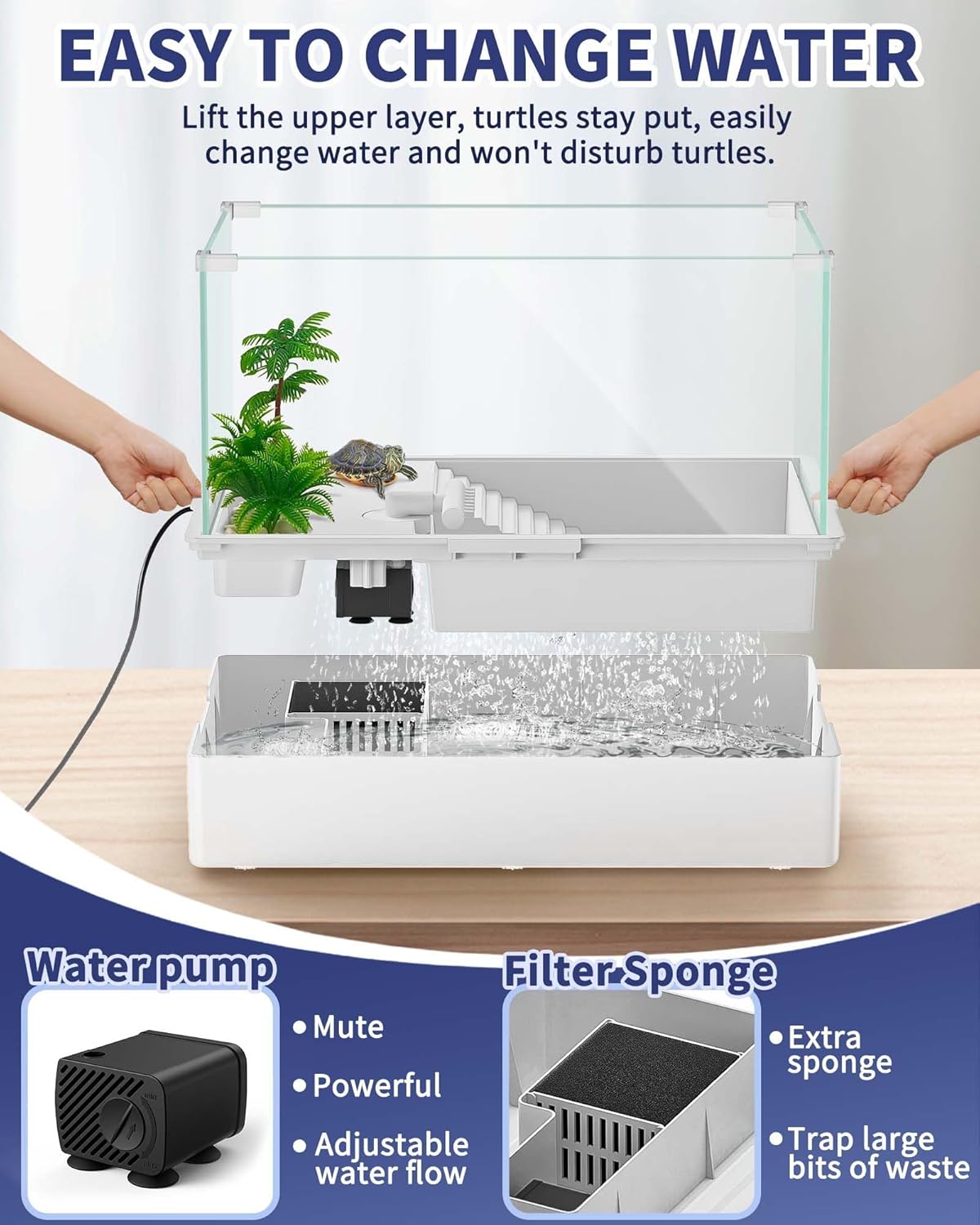 MoonOrange Large Turtle Tank Kit(Tank + Water Pump), Acrylic Turtle Tank Starter Kit with Two Rain Shower Head, Adjustable Water Pump, Higher Fences (S)