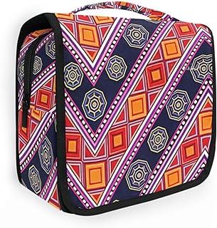 Ethnic Pattern Orange Navy Blue hanging travel toiletry bag with hanging hook Essentials quilted makeup bag with Compartments & Handle