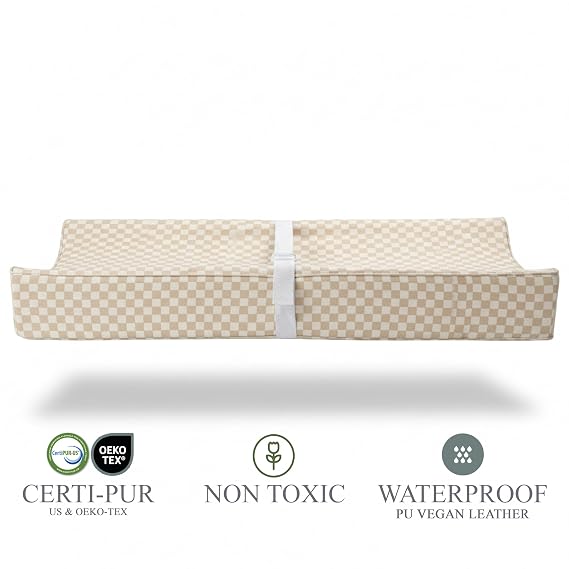 Vegan Leather Contoured Baby Changing Pad | Waterproof & Wipe-Clean PU Leather Diaper Change Mat, Soft, Wipeable Cover, Safety Strap, Non-Slip Bottom, Topper for Standard Infant Diaper Table & Dresser