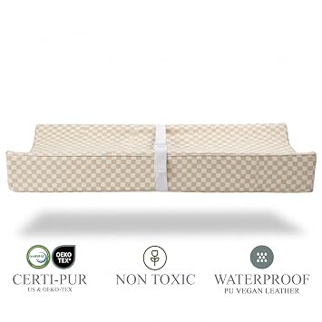 Vegan Leather Contoured Baby Changing Pad | Waterproof & Wipe-Clean PU Leather Diaper Change Mat, Soft, Wipeable Cover, Safety Strap, Non-Slip Bottom, Topper for Standard Infant Diaper Table & Dresser