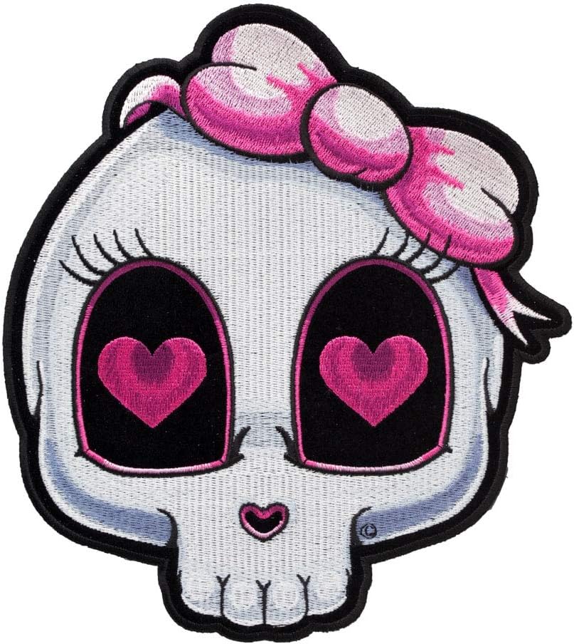 PatchStop Skull Hearts Bow Pink Iron On Patches for Clothing Jeans - 7.75x8.5in Large DIY Sew On Back Patch for Jackets Bags - Embroidered Decorative Girly Skull Patches
