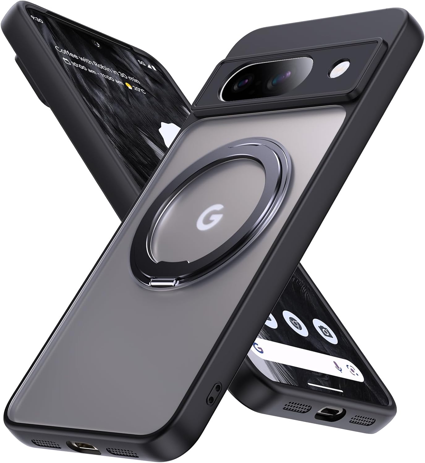 Magnetic for Google Pixel 8 Case with Ring Stand [Military Drop Protection] Shockproof Slim Clear Phone Cases Invisible Stand Clear (Black) 18-Pixel 8-01