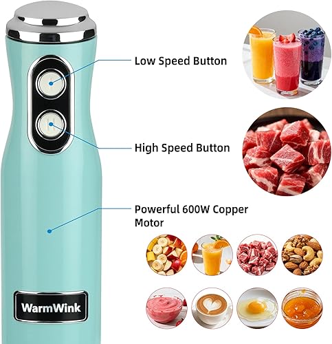 Miniatura 3 de Batidora de mano con cable 4 en 1, incluye picador de alimentos, espumador de leche y batidor de mano de 600 W con hoja de acero inoxidable,