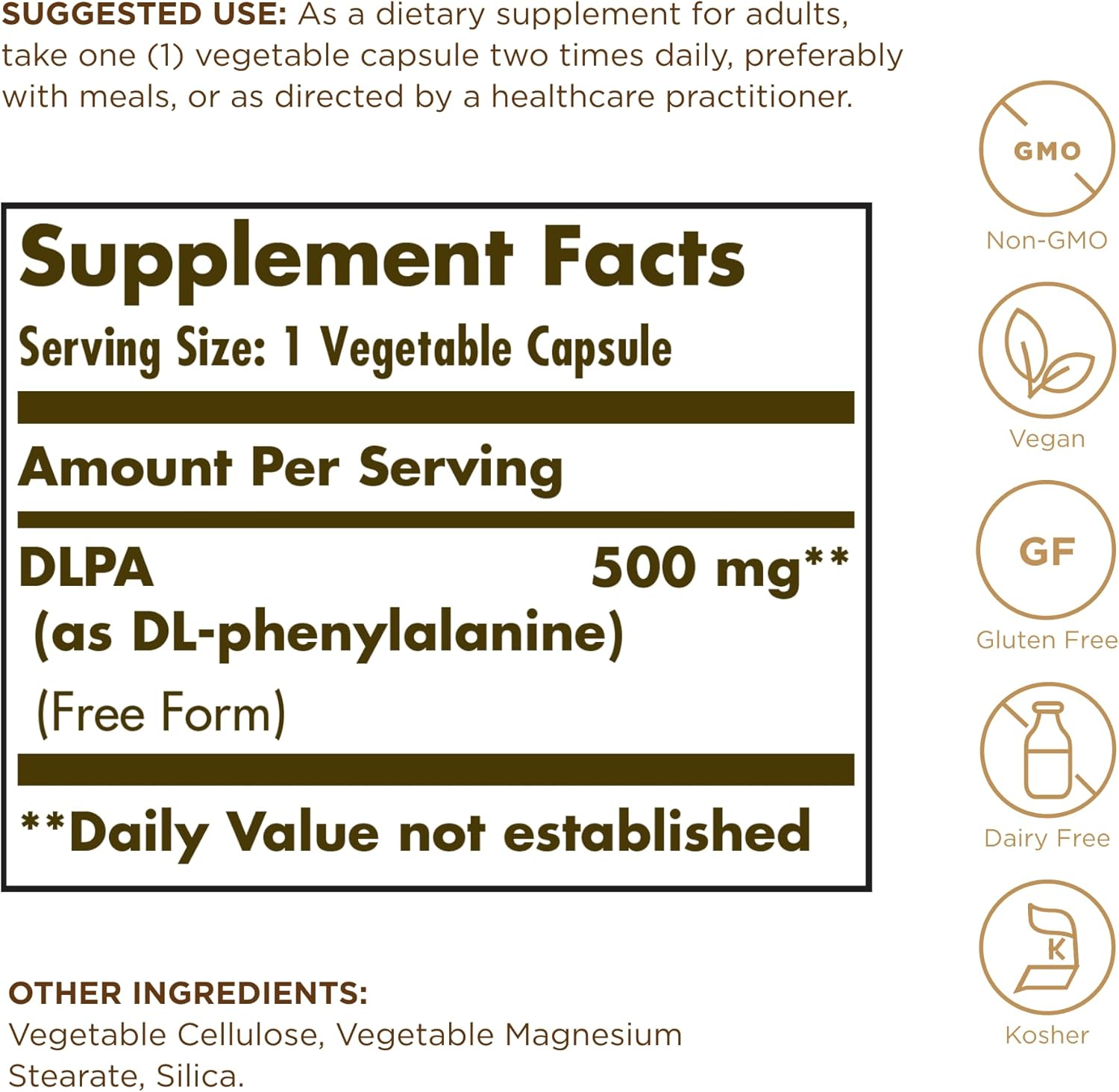 Solgar DLPA 500 mg - 100 Vegetable Capsules - Free Form DL-Phenylalanine - Non-GMO, Vegan, Gluten Free, Dairy Free, Kosher - 100 Servings