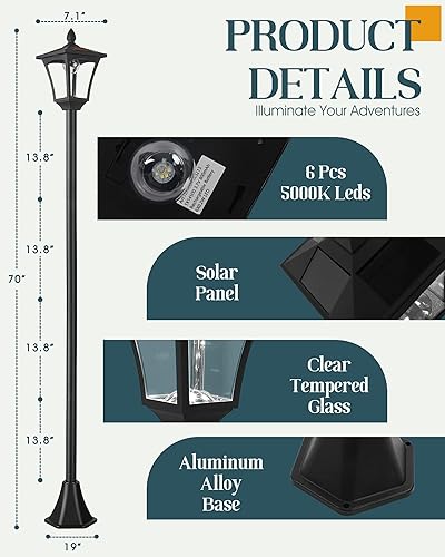 Miniatura 6 de Lámpara solar de 70 pulgadas para poste de luces al aire libre impermeable IP65, postes de lámpara solar iluminación al aire libre, poste solar LED